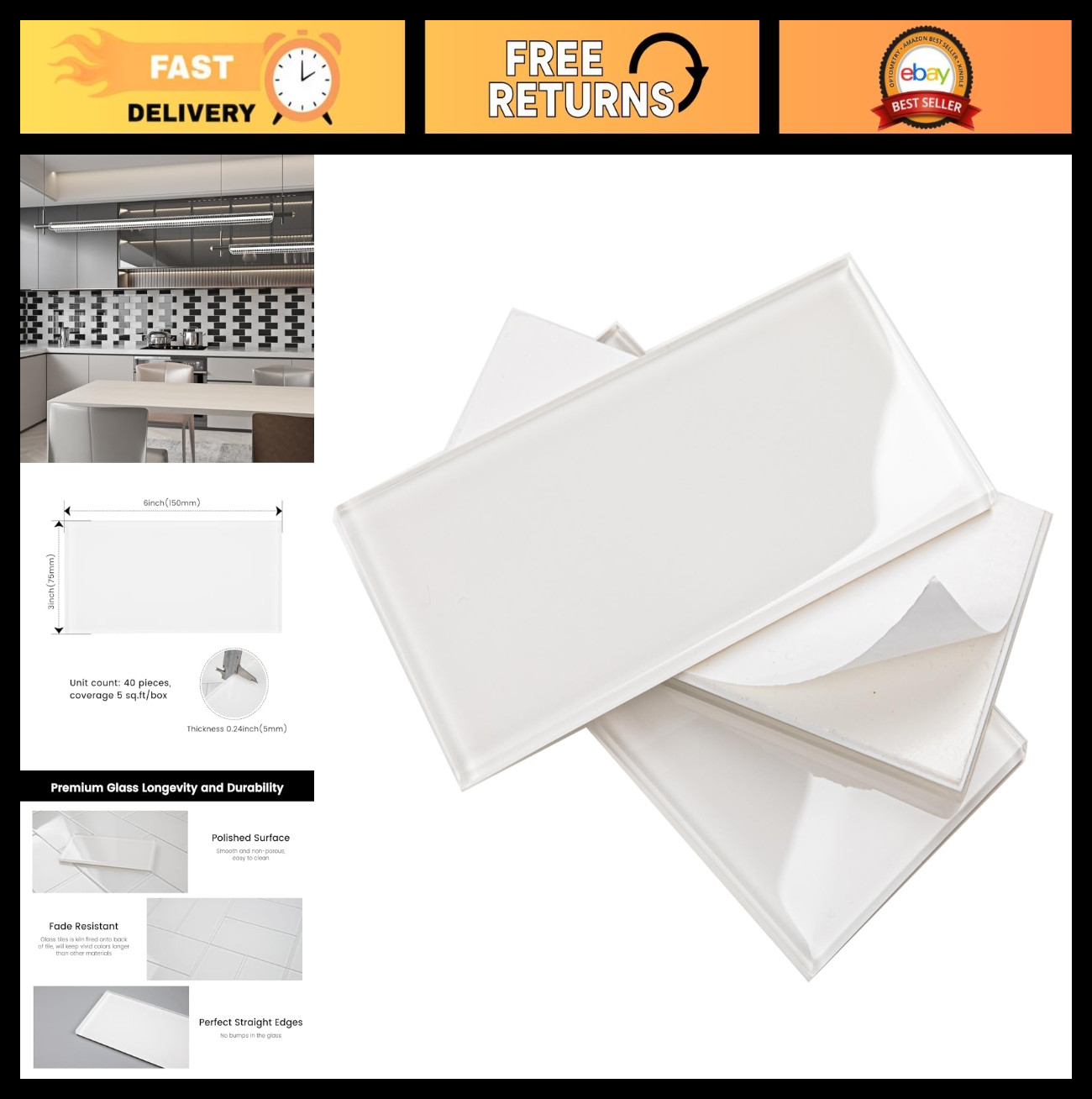Peel and Stick White Glass Subway Tiles 3×6 for Kitchen Backsplash – 40 Pieces,