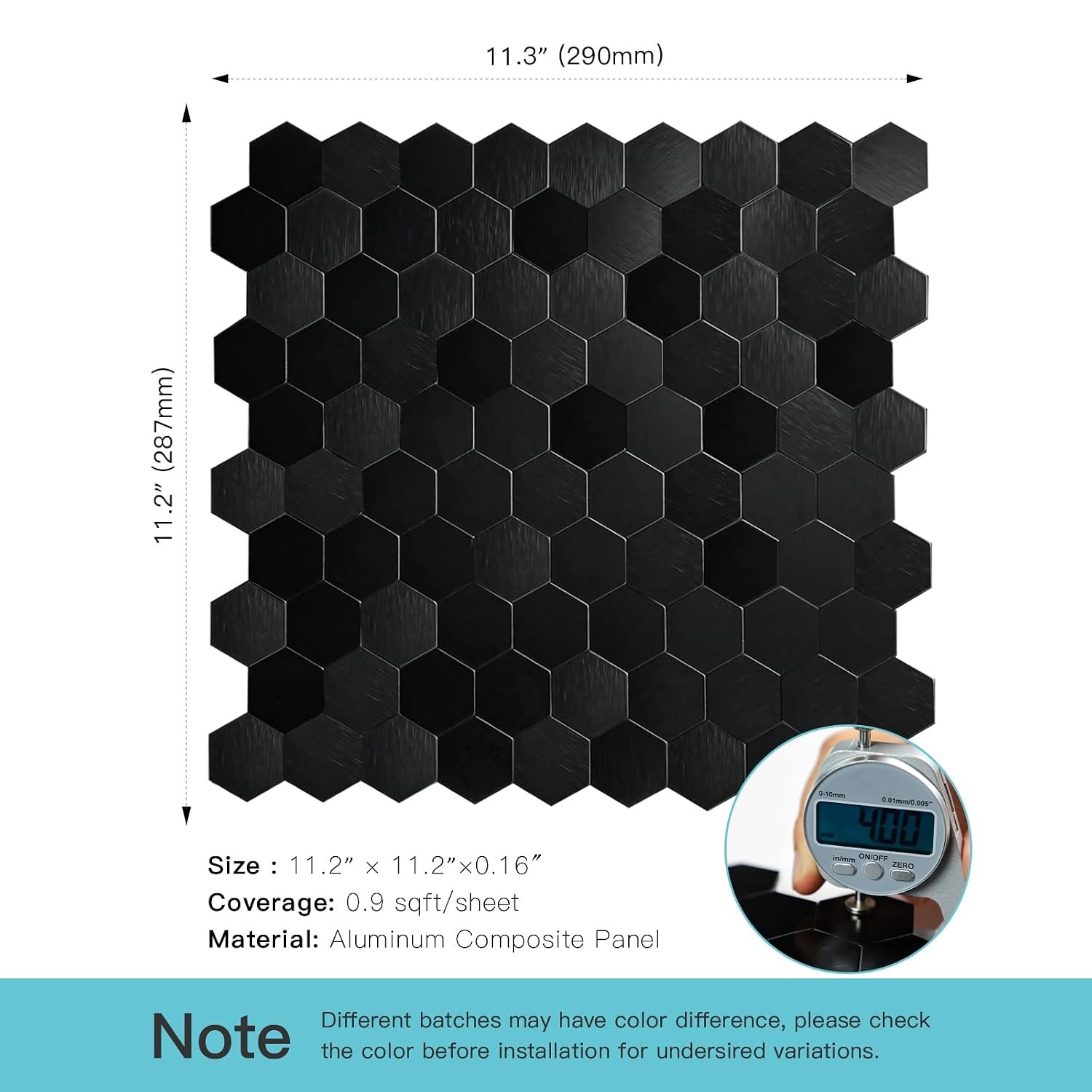 Peel and Stick Hexagon Tile, Black Brushed Aluminum Texture Panel Self-Adhesive