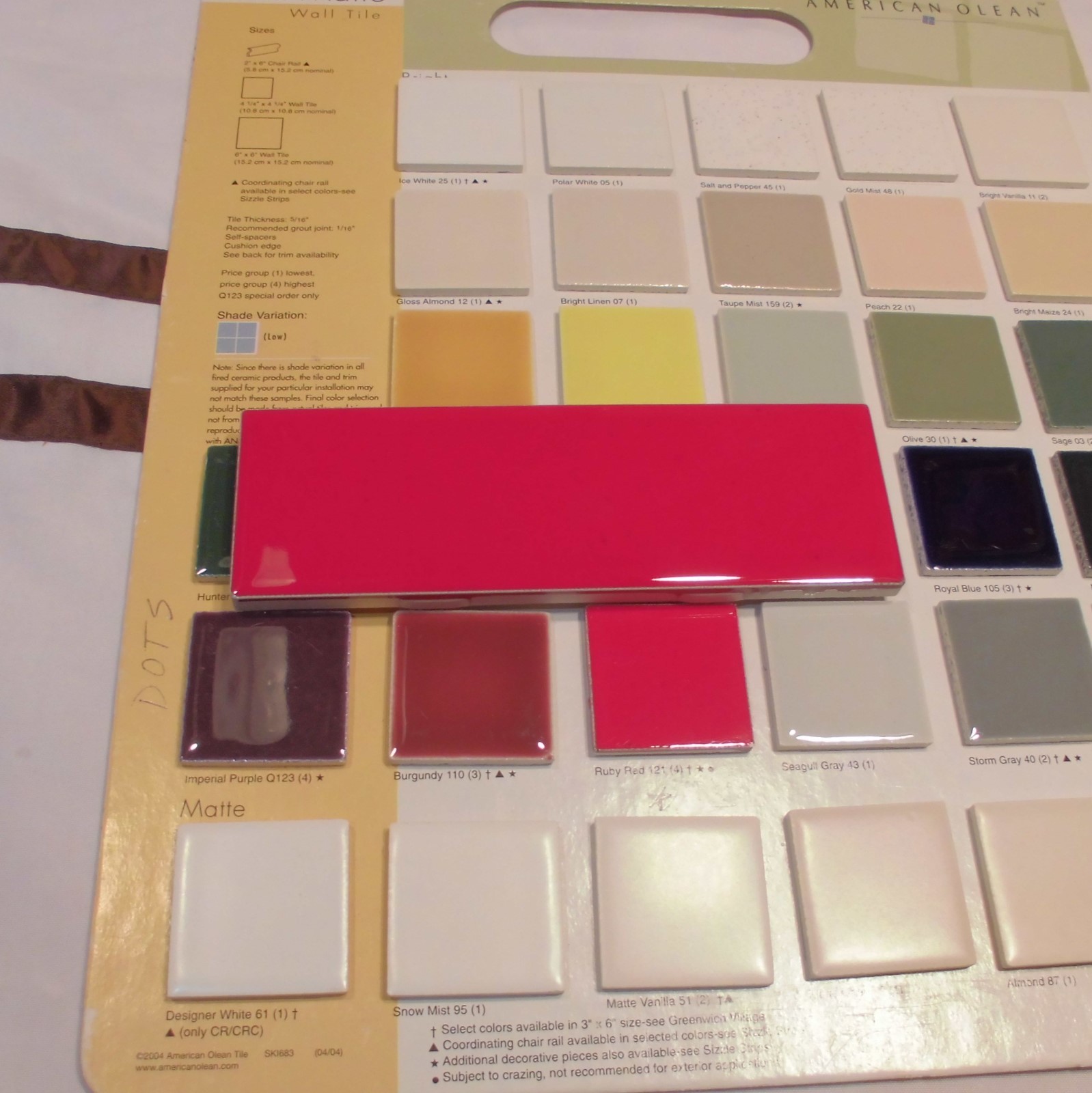 10 pcs. Glossy Ceramic Tiles *Liner/Sizzle *Ruby Red* by American Olean 2″ X 6″