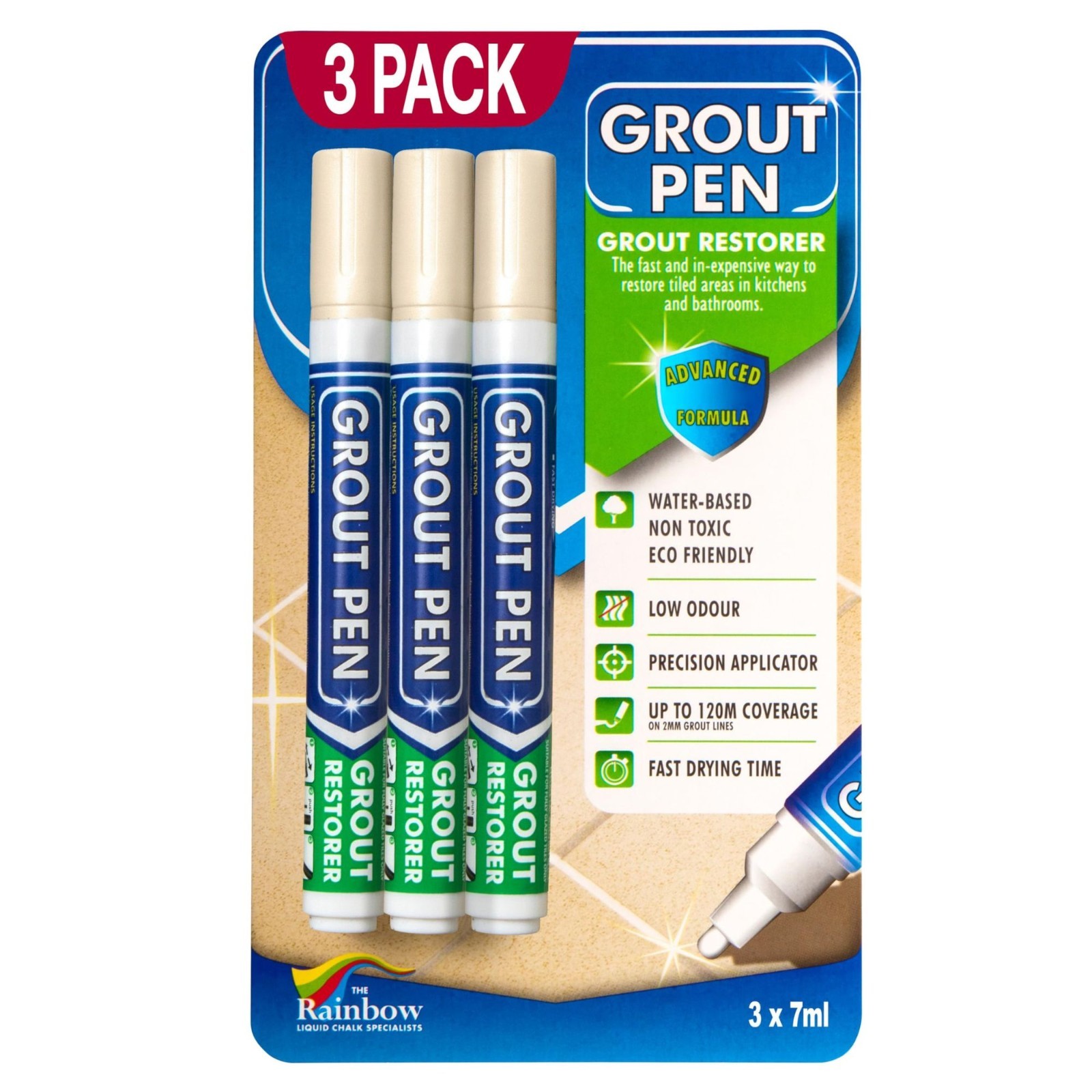 Grout Pen Cream Tile Grout Paint: Waterproof, Narrow 5mm Tip (7mL) – 3 Pack