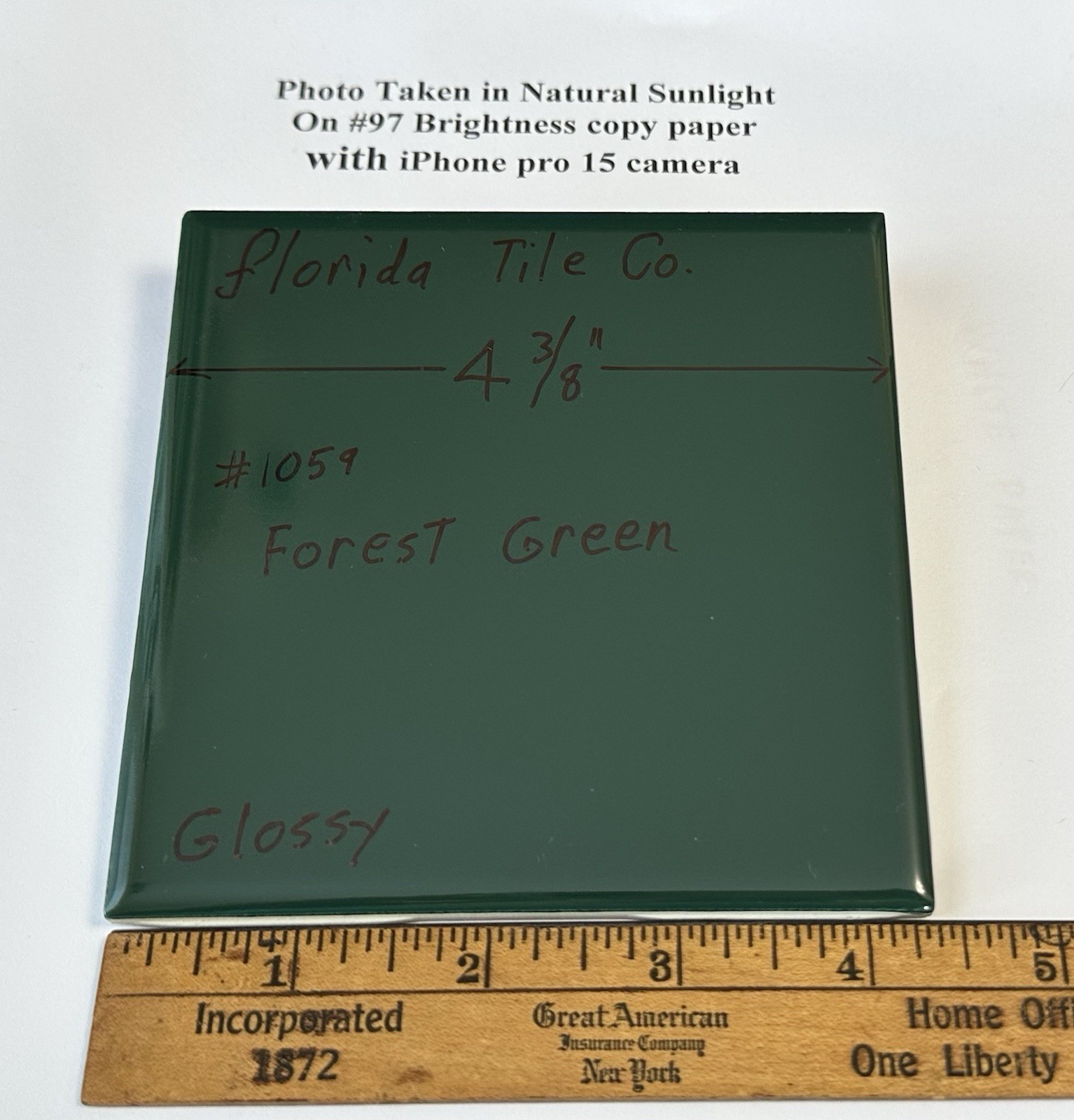 1 pc. Forest Green: 4-3/8″ Glossy Ceramic Tile by Florida Co. #1059, New Stock