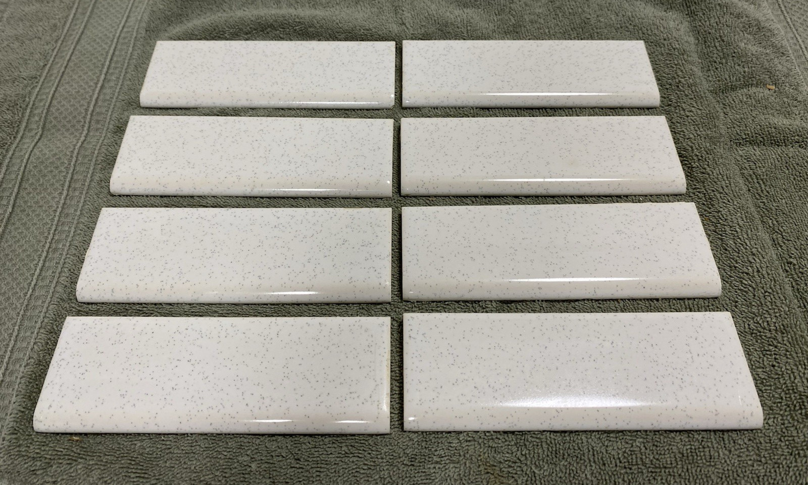 8- Vintage (1950-60s) White Speckled Ceramic Tile – Edge Bullnose (6×2)