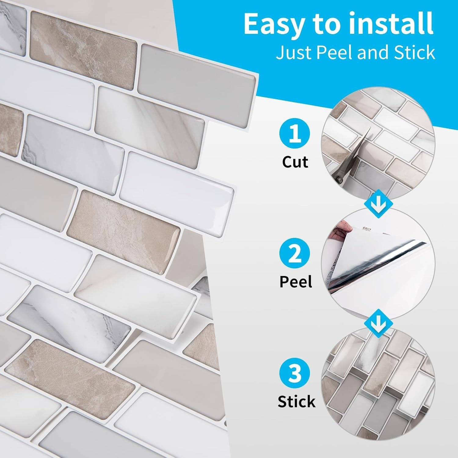 Beige & White 10-Sheet Peel & Stick Backsplash Tile, Modern, Waterproof