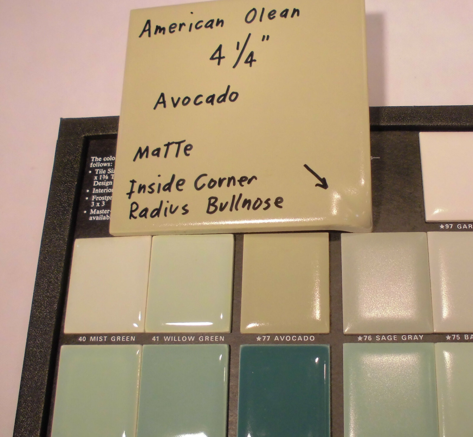 Avocado Green: Matte Radius Inside Corner Bullnose Ceramic Tile 4-1/4″ A.O.