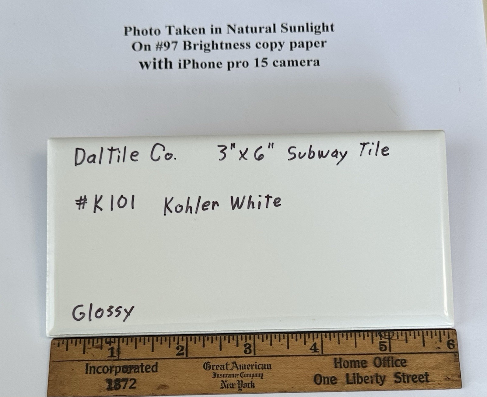 1 pc. Kohler White by Daltile #K-101: 3″ X 6″ Glossy Ceramic Tile, New Stock