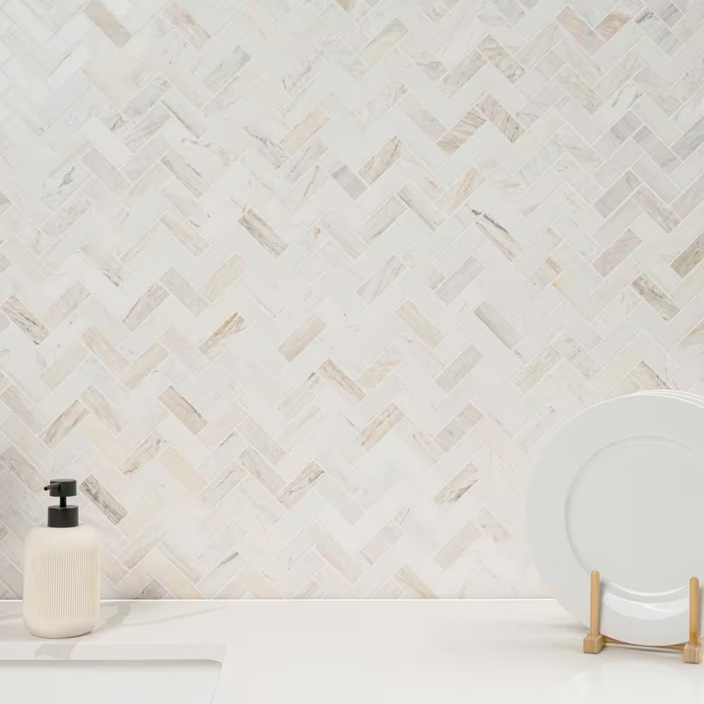 Angora Herringbone 12 In. X 14 In. X 0.38 In. Polished Marble Mesh-Mounted Mosai