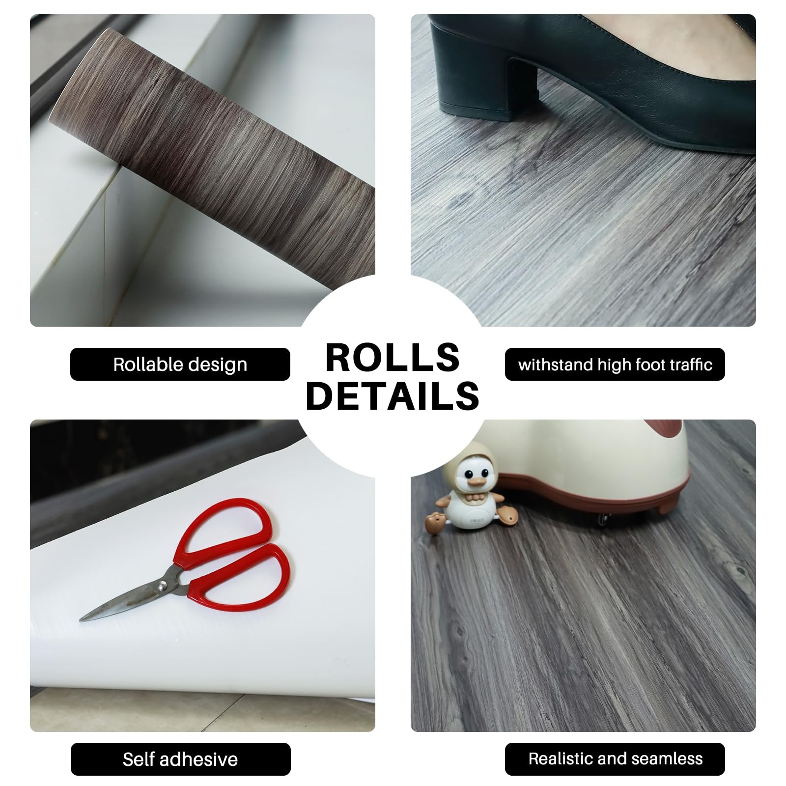 Wood Grain Peel and Stick Floor Tiles, 11.8″ W × 394″ L, Dark Color