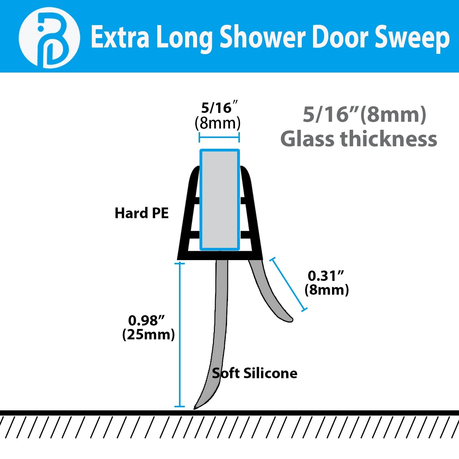 2-Pack Butecare Frameless Shower Door Bottom Seal Ex sweep -5/16”, Clear