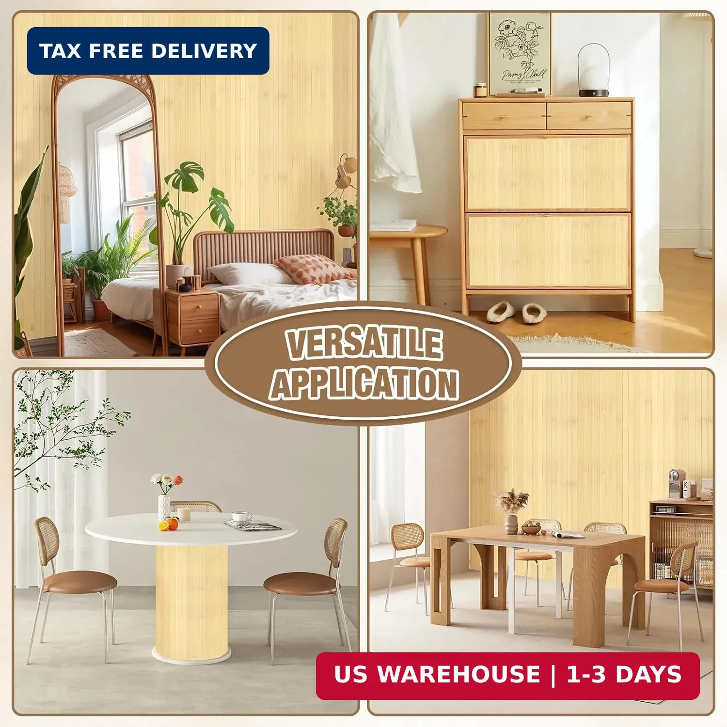 Natural Bamboo Wall Panel Covering Roll, Flexible Pole Wrap Wainscoting Interior