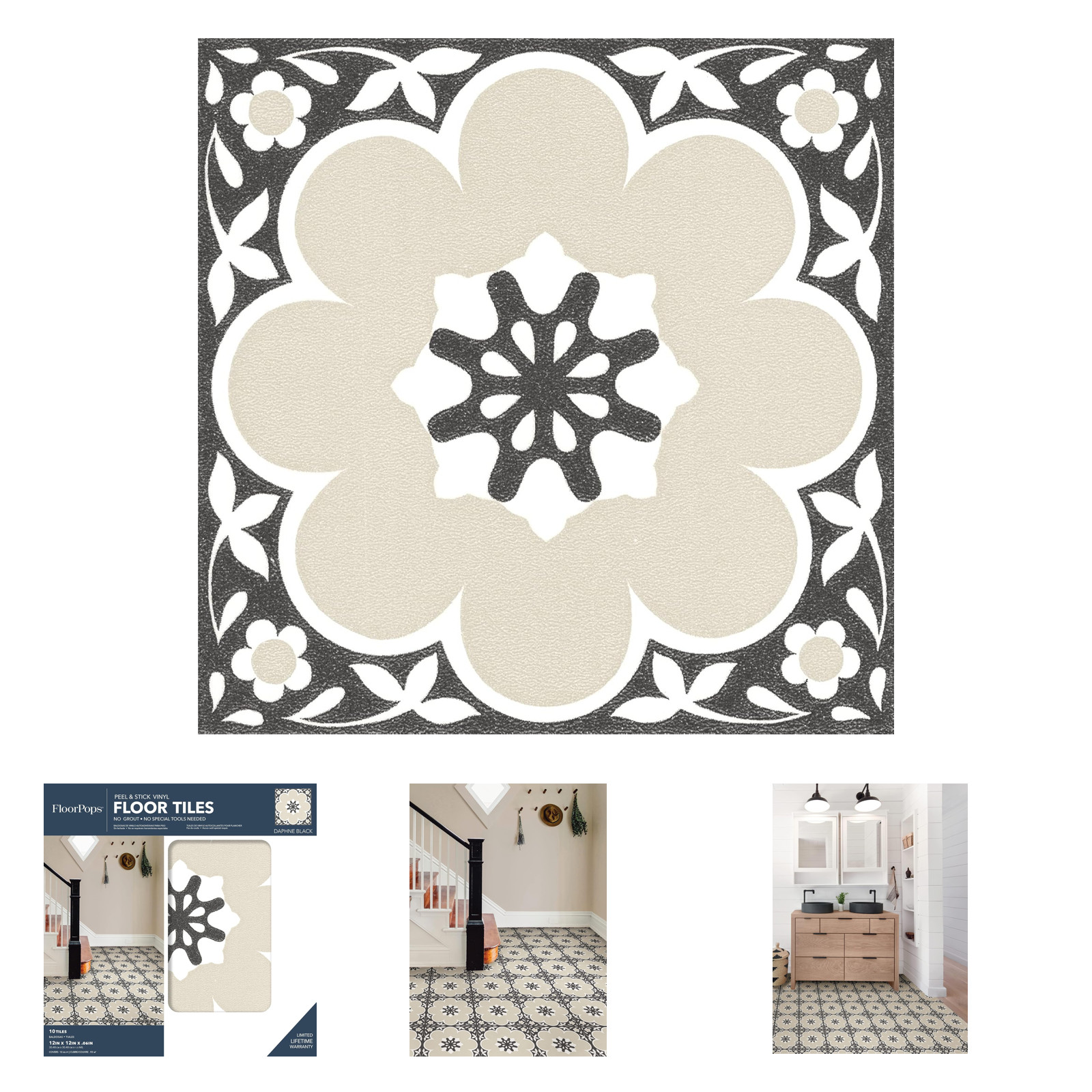 Vinyl Floor Tiles Black Floral Pattern 12×12 Inches Pack of 10 Easy Peel Stick