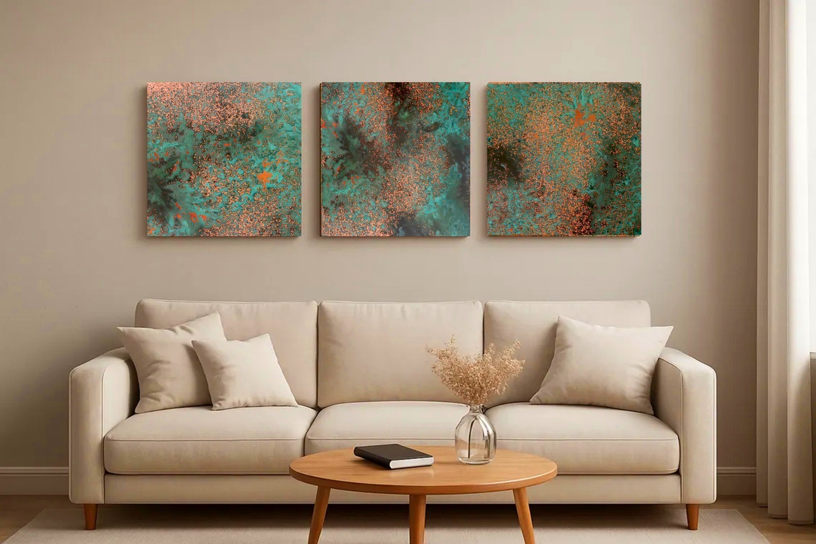 Real Copper Wall Art – 3 Panel Metal Artwork – Handcrafted Patina Decor