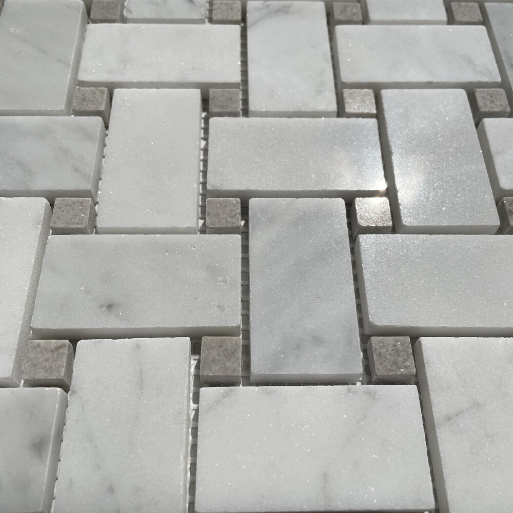 C653XP Carrara Venato Marble 1×2 Basketweave Mosaic Tile Gray Dots Polished