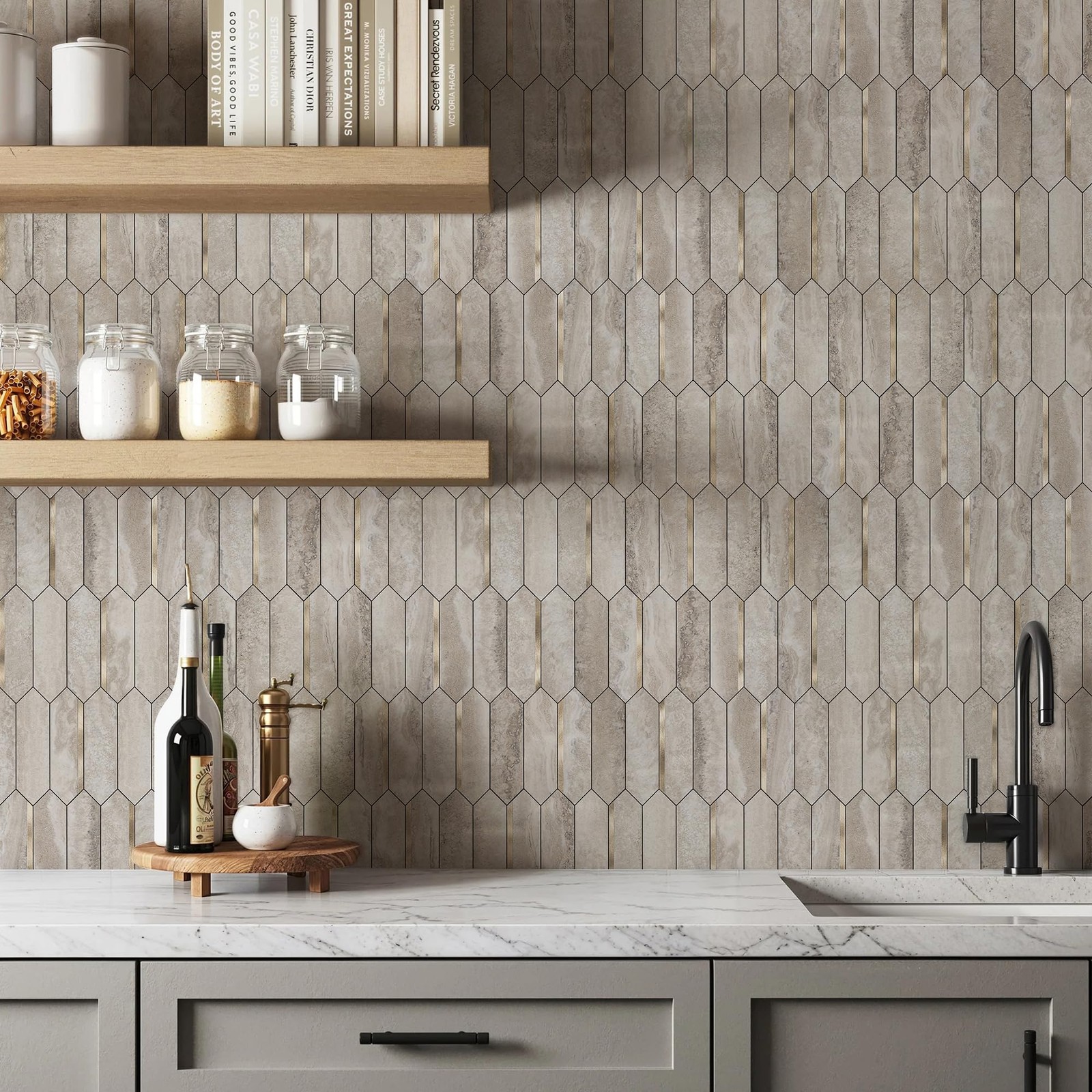 Peel and Stick Backsplash Long Hexagon Wall Tile, 10-Pieces, Beige