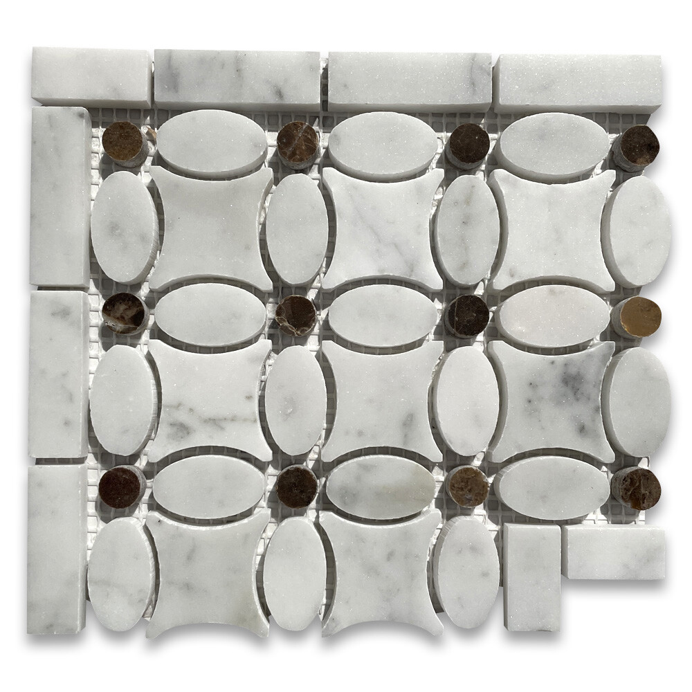 C9C4CXP White Carrara Bianco Marble Flower Mosaic Border Corner Tile Polished