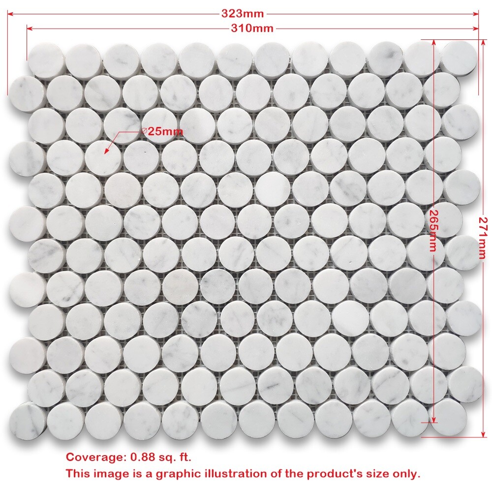 C93LXH Carrara White Venato Marble 1″ Penny Round Mosaic Classic Tile Honed