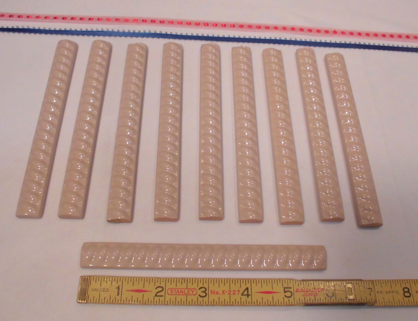 10 pcs. Misty Rose: Vintage Ceramic Liner-Pencil-Sizzle Tiles: 5/8″ X 6″ Rope