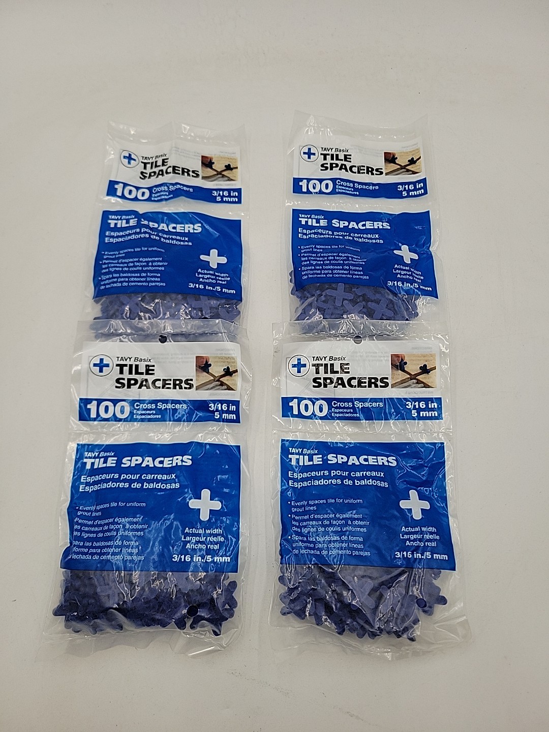 4 Pack Tavy Basix Cross Tile Spacers 3/16in 5mm 100pc Pack Brand New Packages