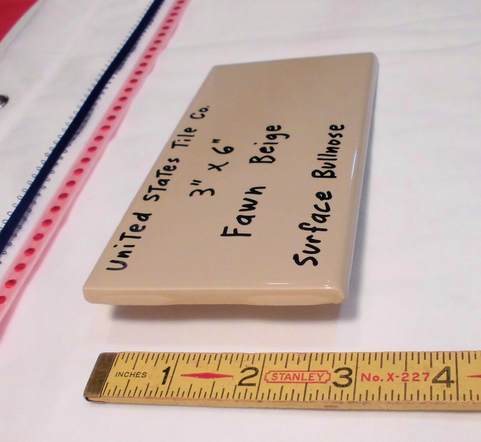 1 pc. Fawn Beige: 3″ X 6″ Glossy Bullnose Ceramic Tile: New Stock, Made USA