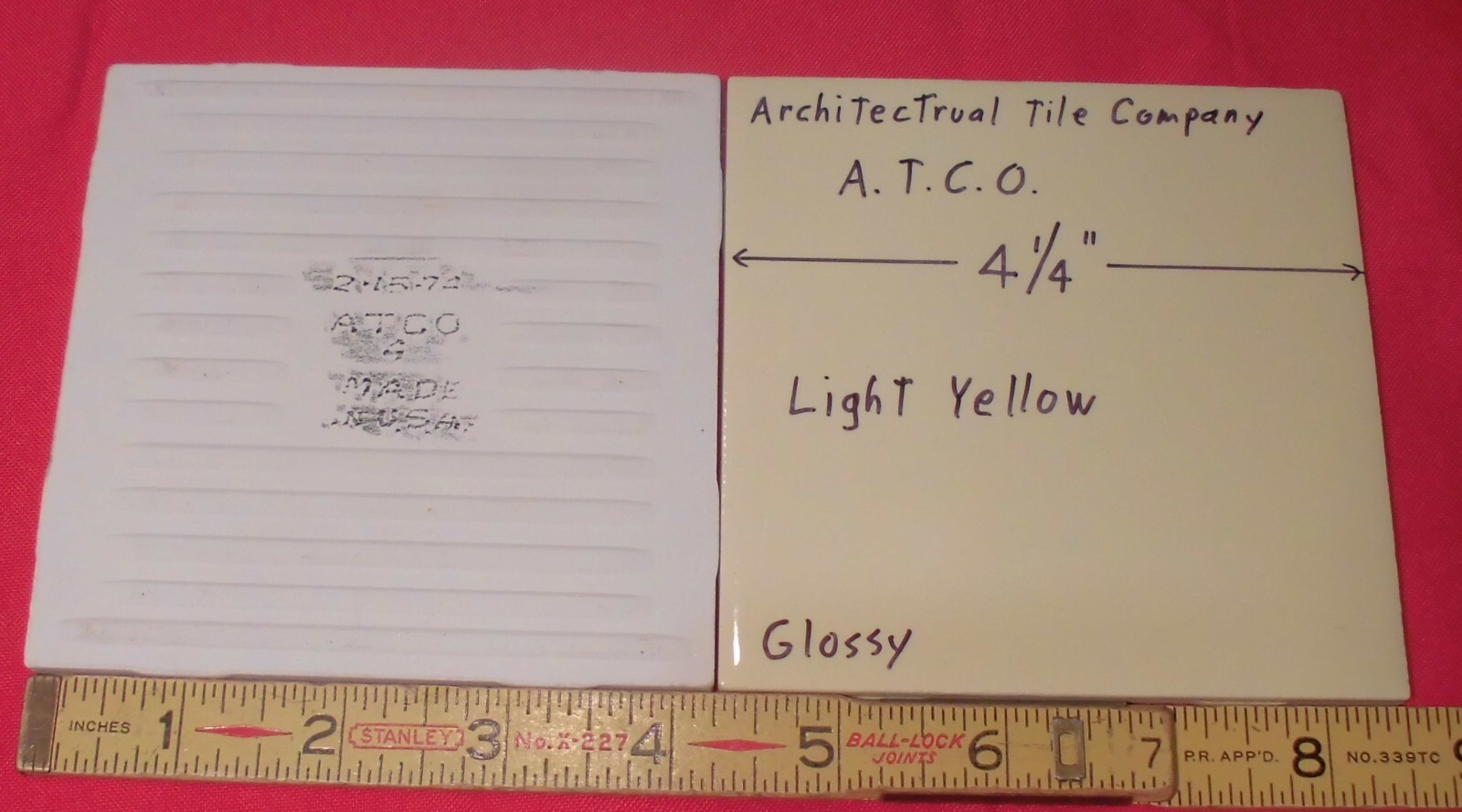 1 pc. Lighter Yellow: 4-1/4″ Glossy Ceramic Tile by A.T.C.O. Made in USA, New