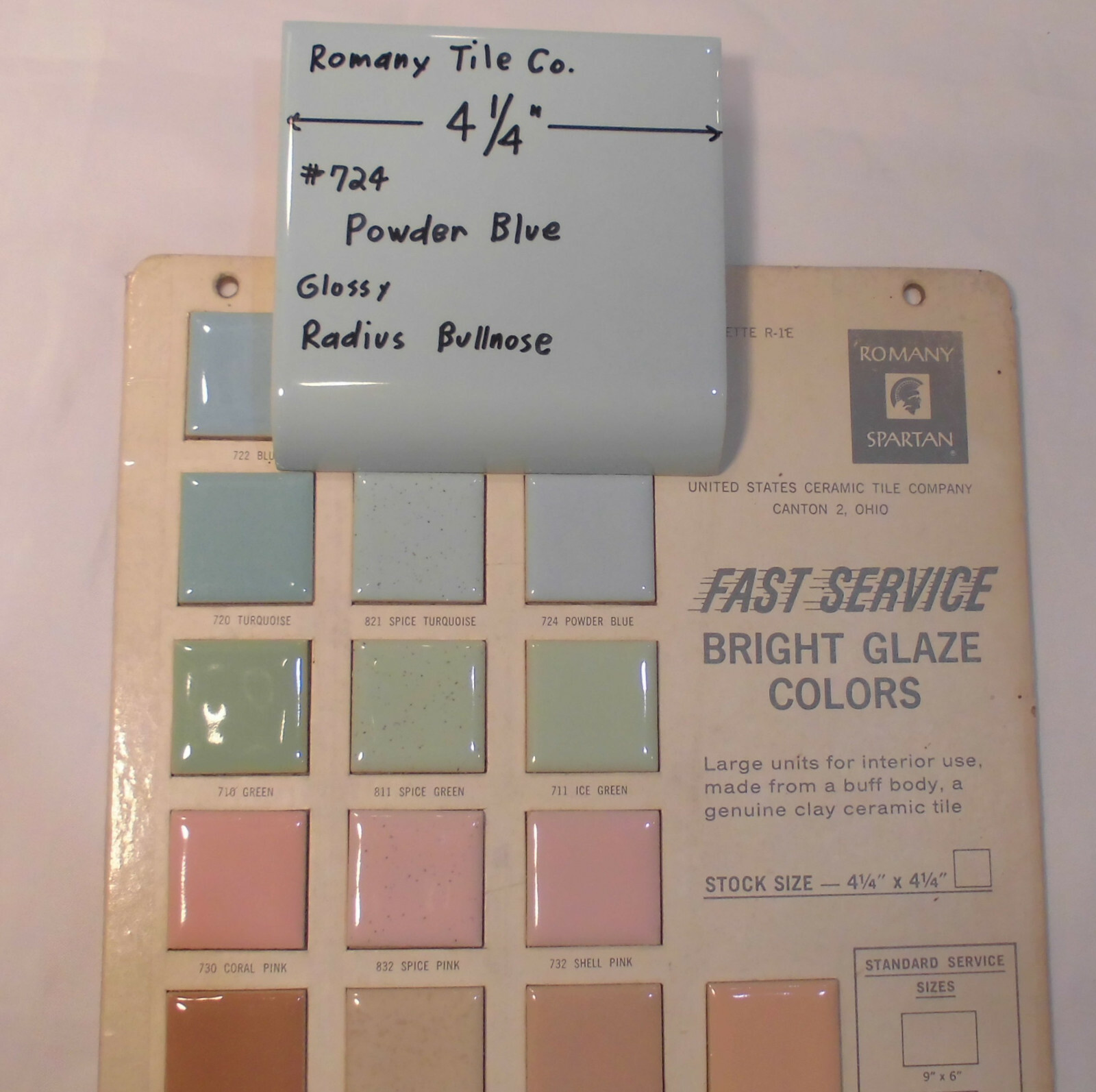 1 pc. Powder Blue: Glossy Radius Bullnose Ceramic Tile 4-1/4″ by Romany Co. NOS