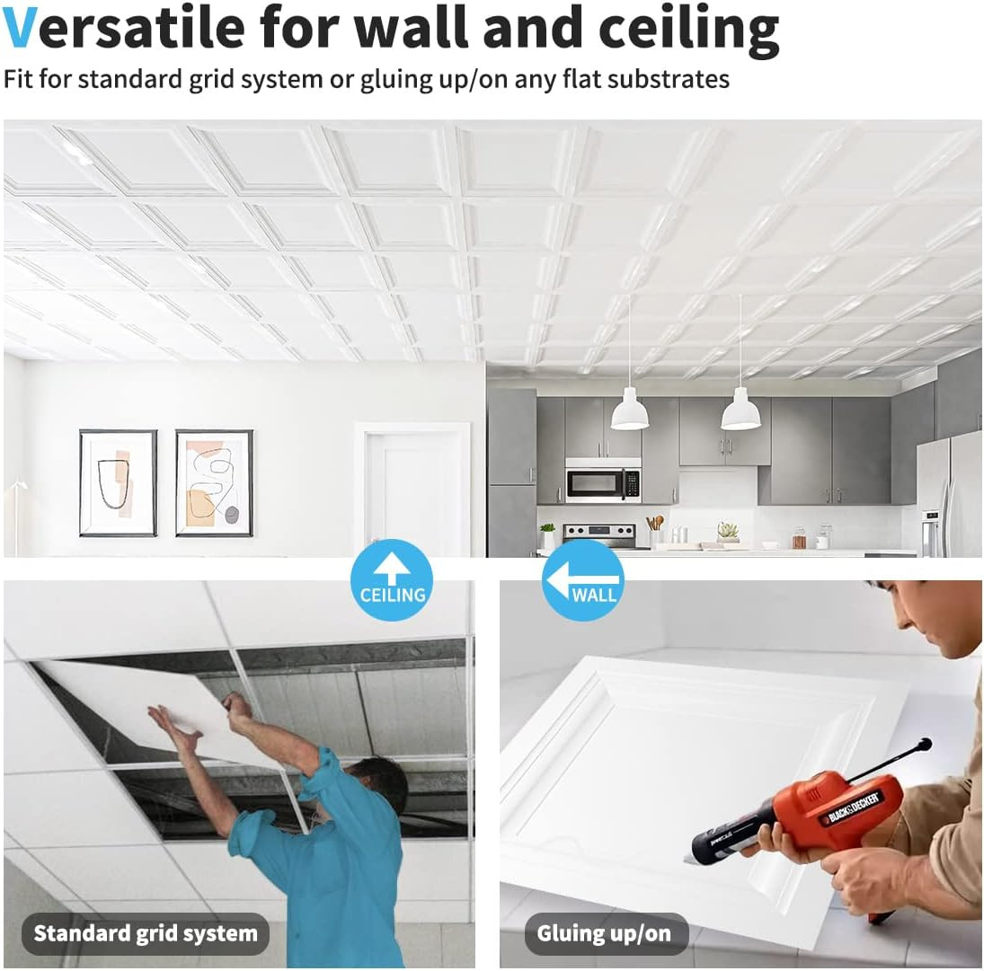 12-Pack 2×2 Ft White PVC Drop Ceiling Tiles for 15/16″ Grid System