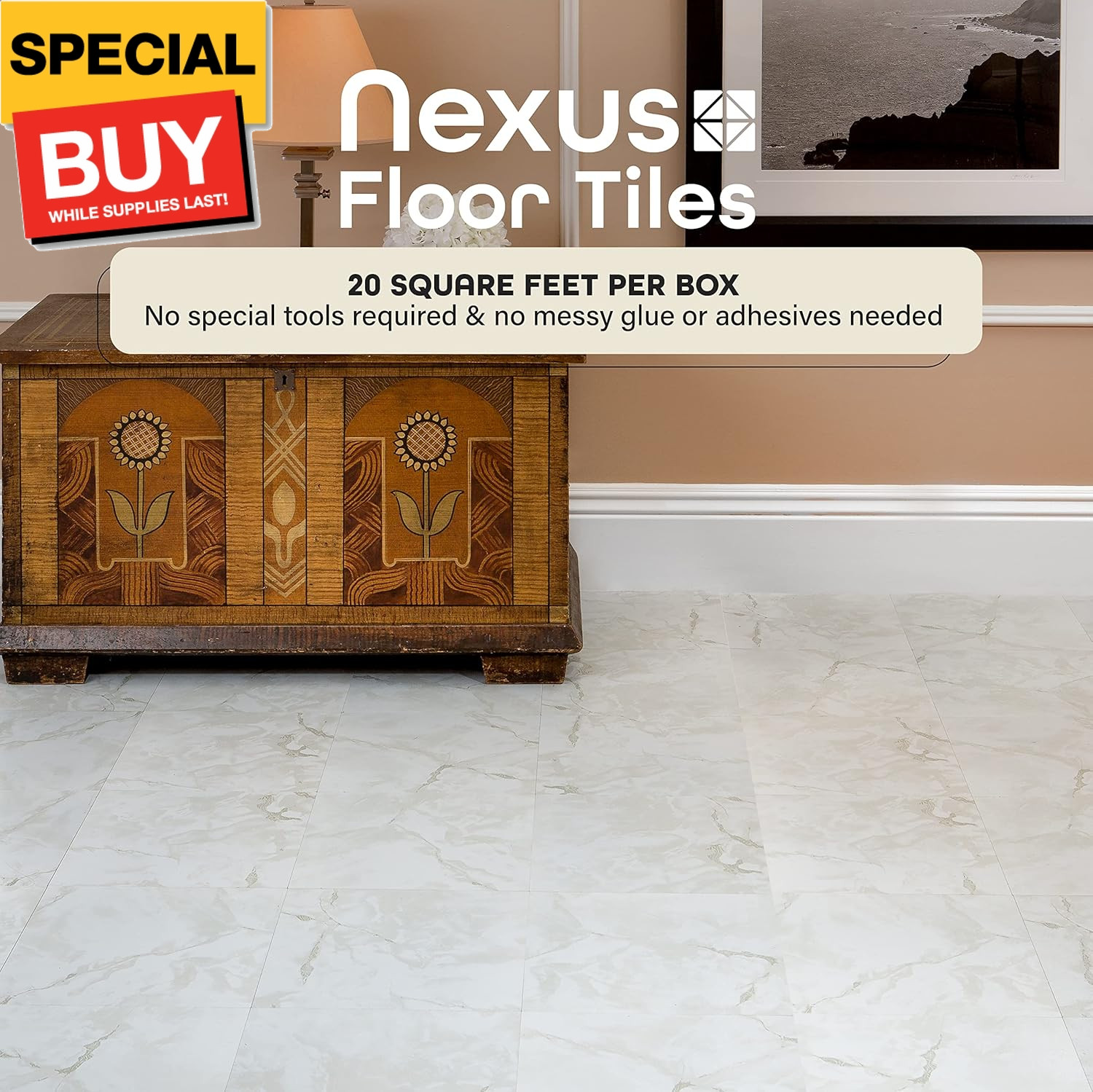 FTVMA40220 Nexus 12-Inch Vinyl Tile, Marble Classic White with Grey Veins, 20 Co