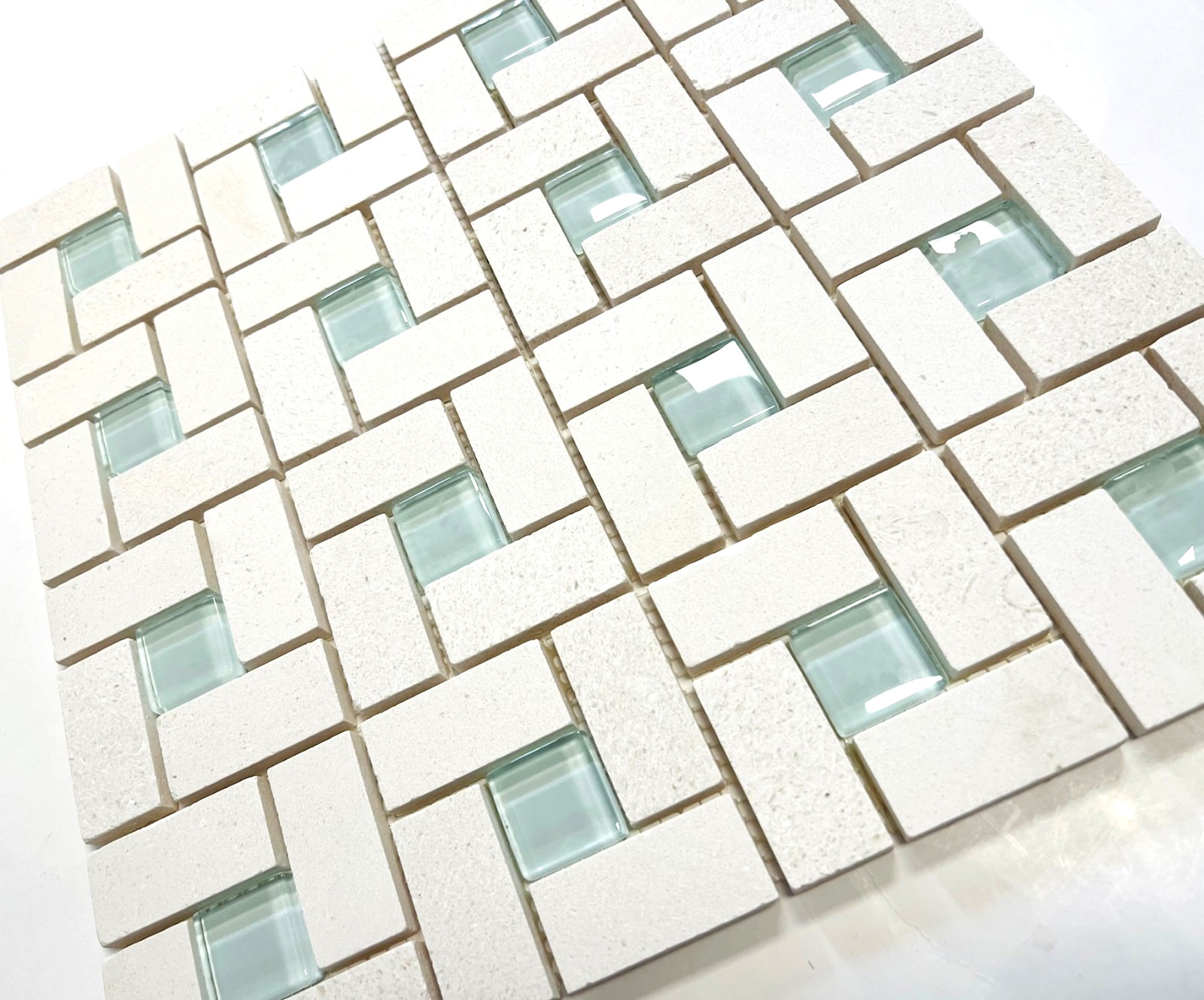1X2 Pinwheel Vanilla Limestone with Ocean Blue Shiny glass Mosaic Wall Tile