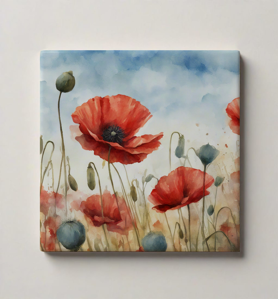 Red Poppies Ceramic Tile Watercolor flowers 3 sizes Printed in US