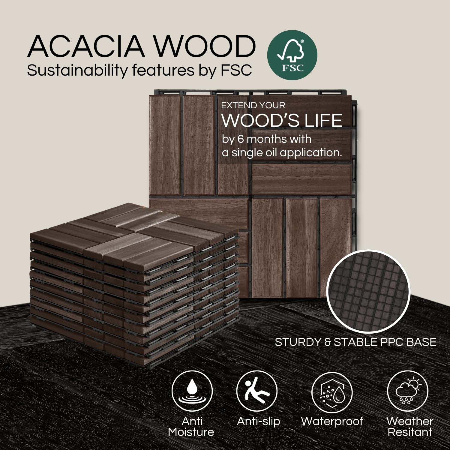 Premium Deck Tiles, Patio Flooring – Outdoor Waterproof Acacia Wood Tiles for…