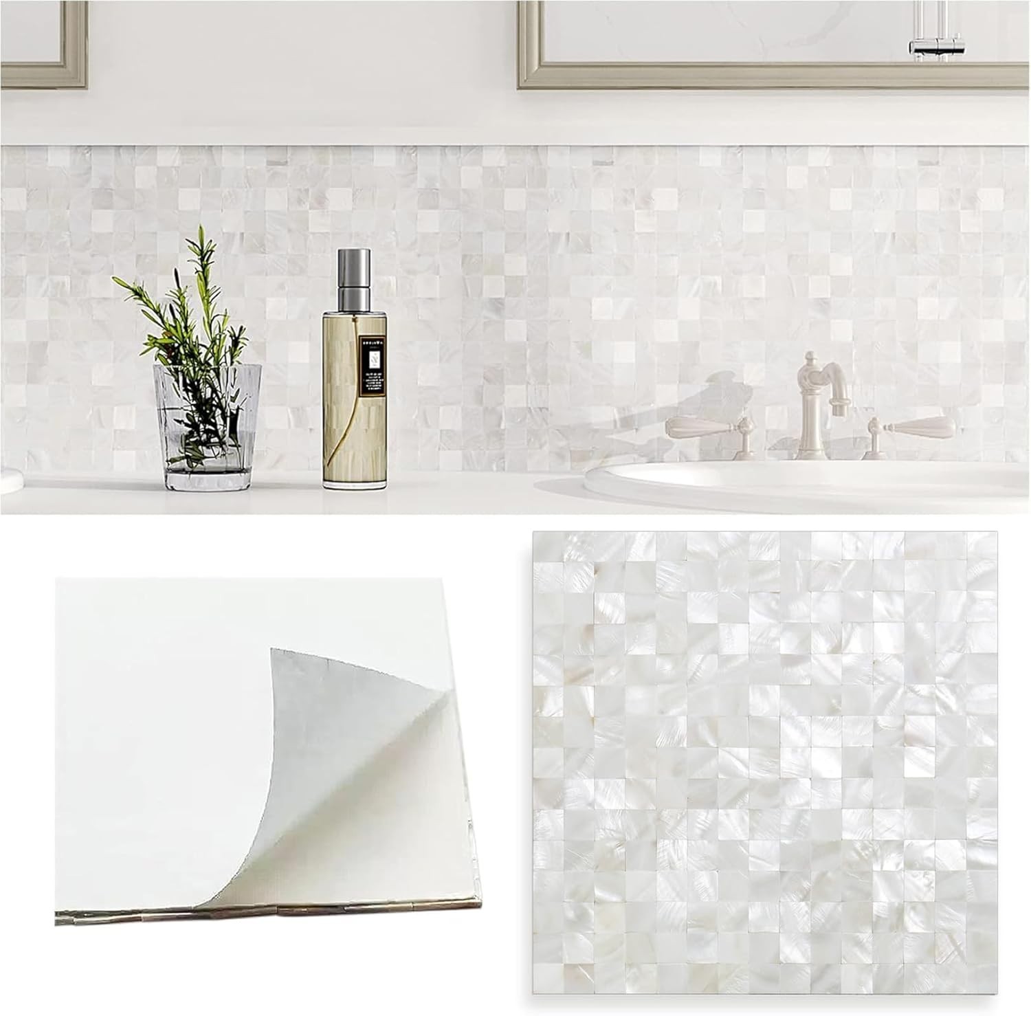 Peel and Stick Backsplash Mother of Pearl Tile, Yew & Tulip Self-Adhesive Natura