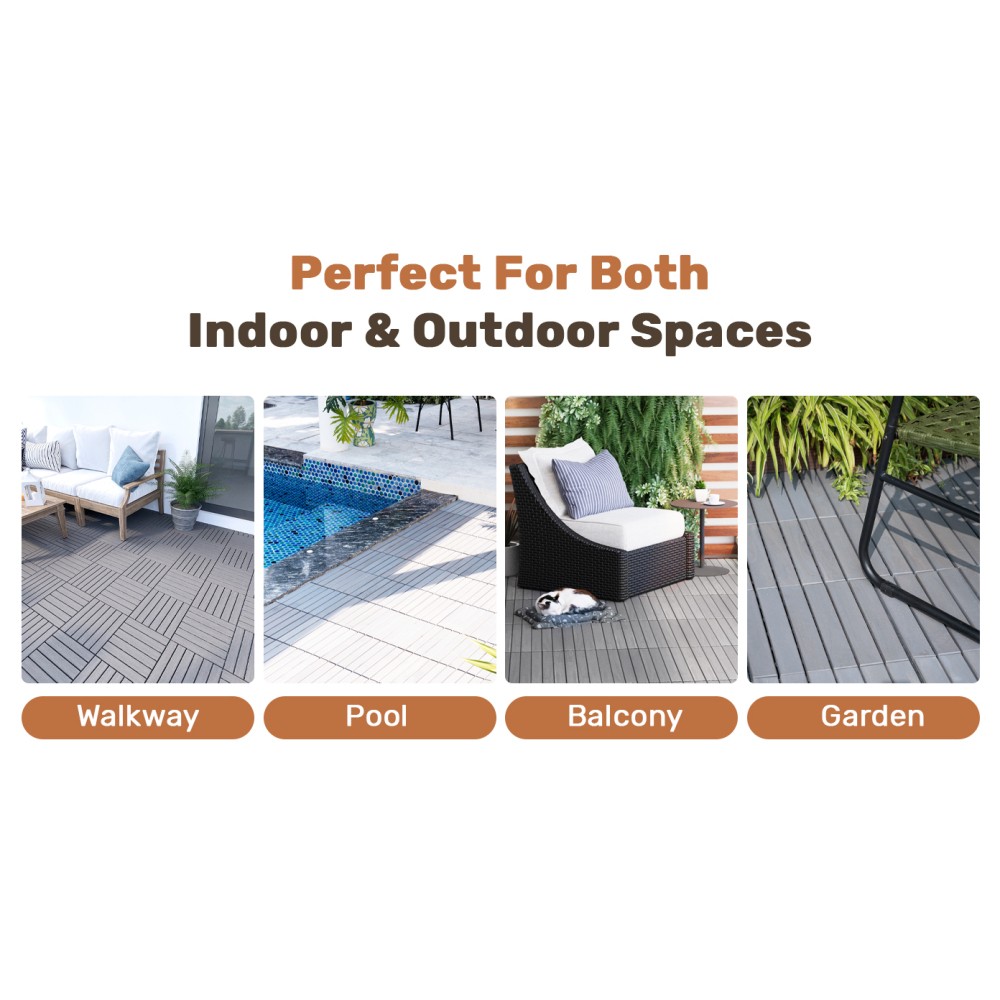 30PCS 12x12in Light Gray Acacia Wood Interlocking Deck Tiles Striped Outdoor