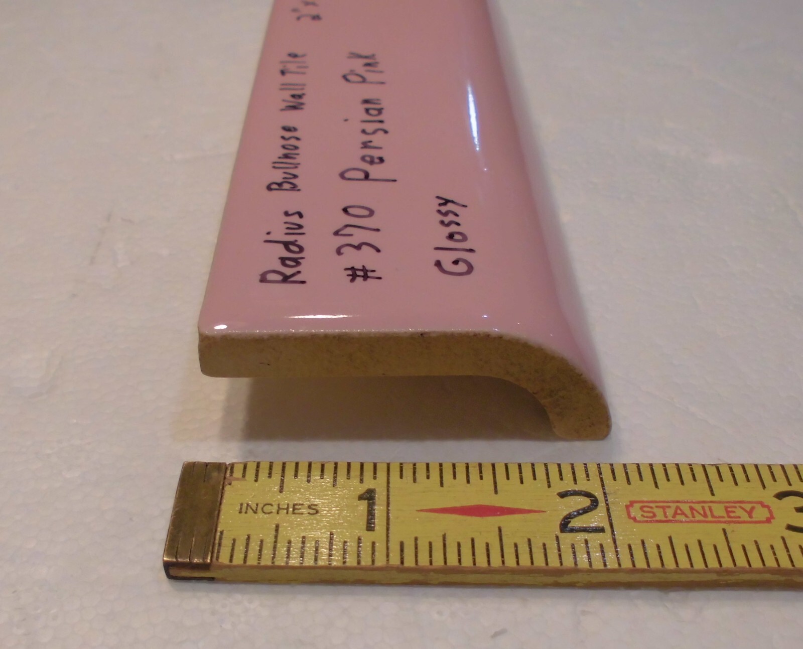 1pc. Persian Pink: Glossy Ceramic Radius Bullnose Tile 2″ X 6-1/8″ New Old Stock