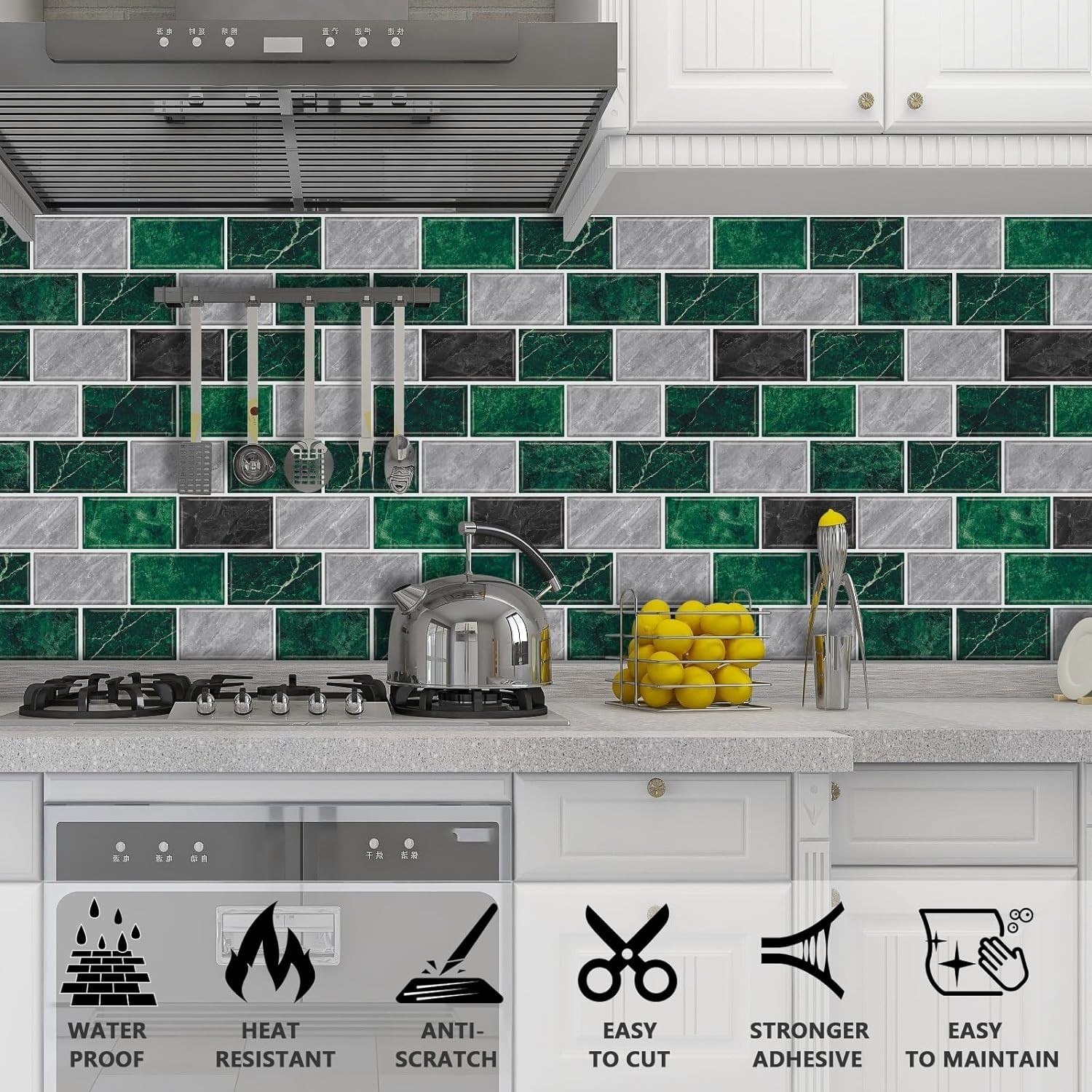Stylish 10-Sheet Green Marble Backsplash Tiles – Easy DIY for Kitchen & Bath