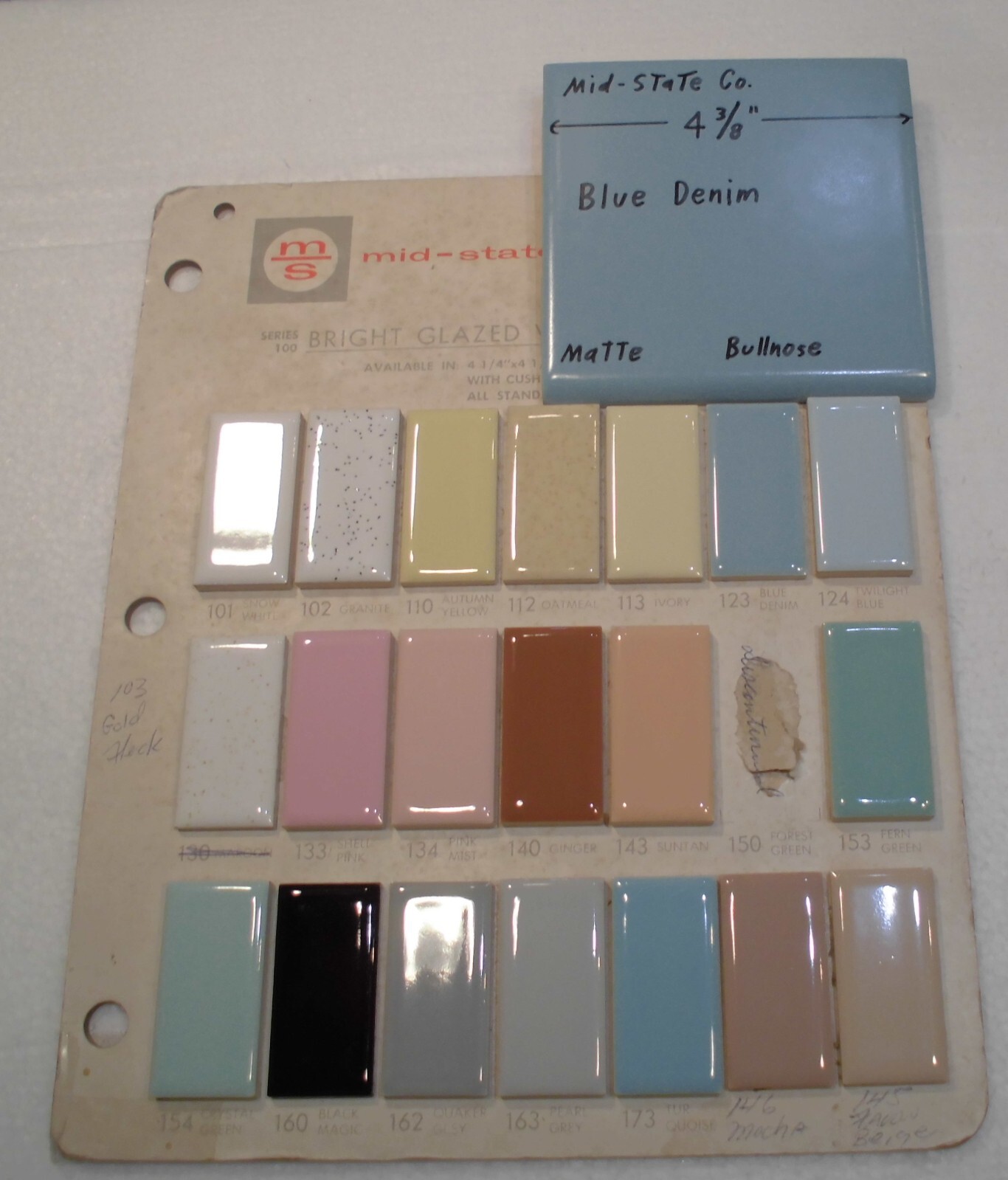 1 pc. Blue Denim: Matte Ceramic Bullnose Tile 4-3/8″ by Mid-State Co. NOS