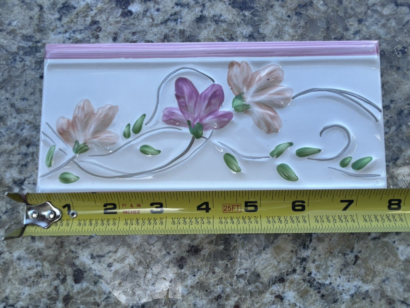 Pink scrolling flowers Wall Tile Border imported from Spain 7 3/4in X 3 7/8in