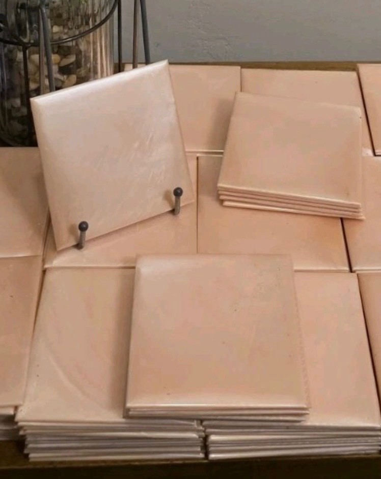Vintage plastic tiles, 4-1/4×4-1/4”, pink pearl