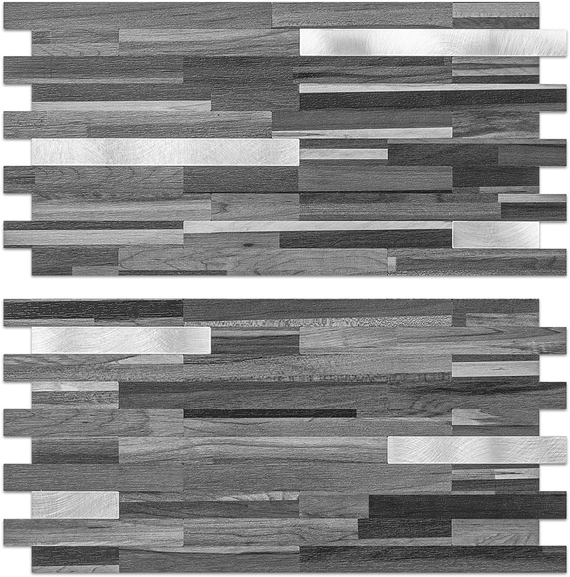 20 Sheets Peel and Stick Backsplash, Black & Grey Wood Look PVC Mixed Metal Stic