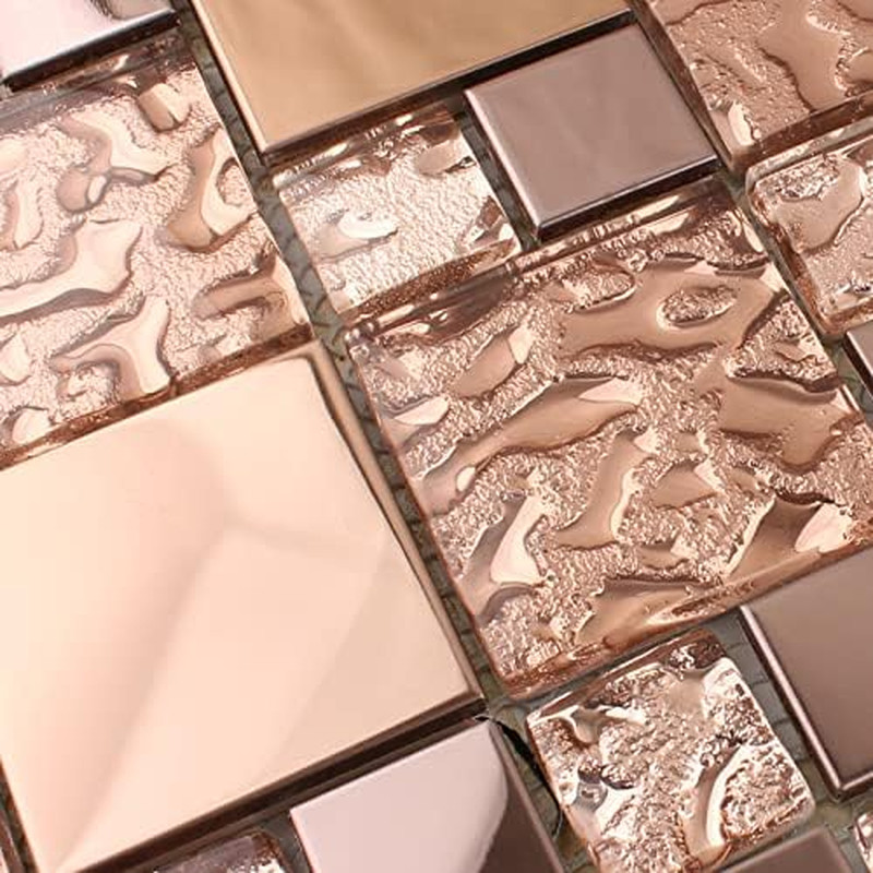 Rose Gold Metallic Mosaic Textured Glass Tile Shiny Metal Luxury Backsplash for
