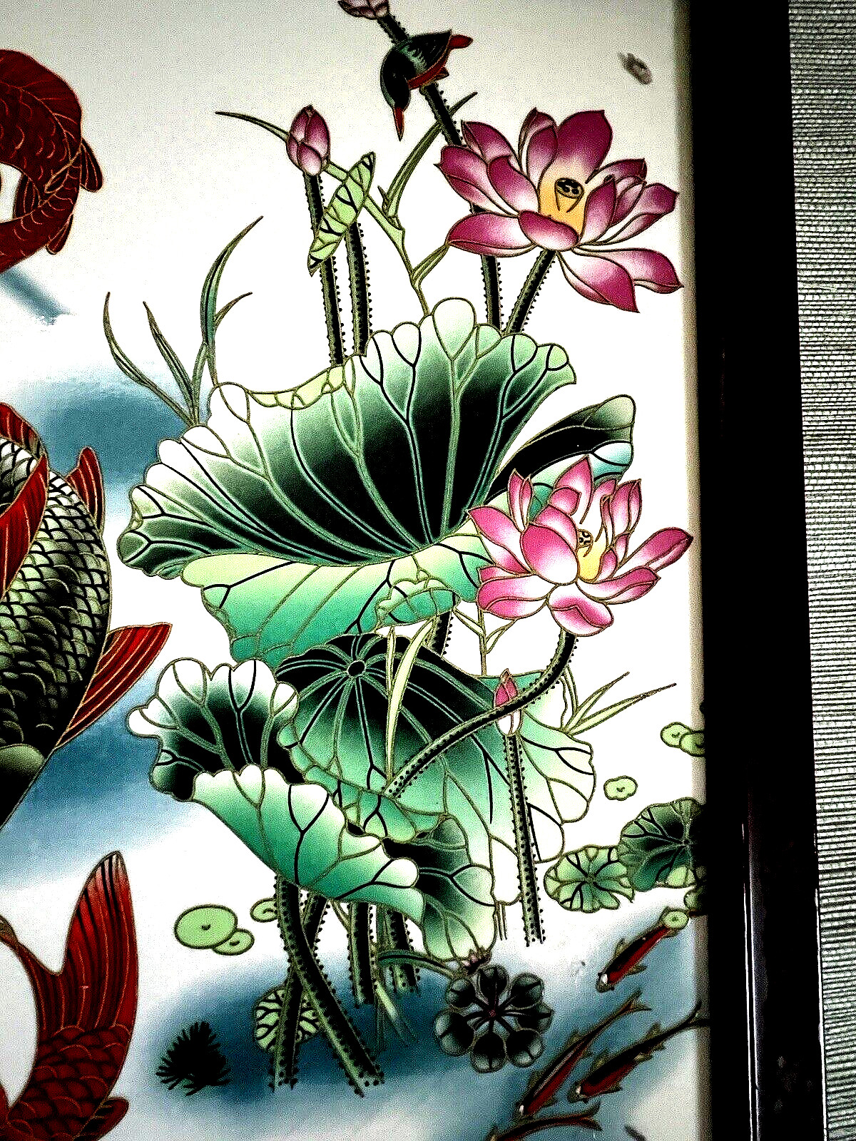KOI Fish & Water Lily Flowers Asian Art Ceramic Tile Framed 11.5″ x 14.5″ VTG