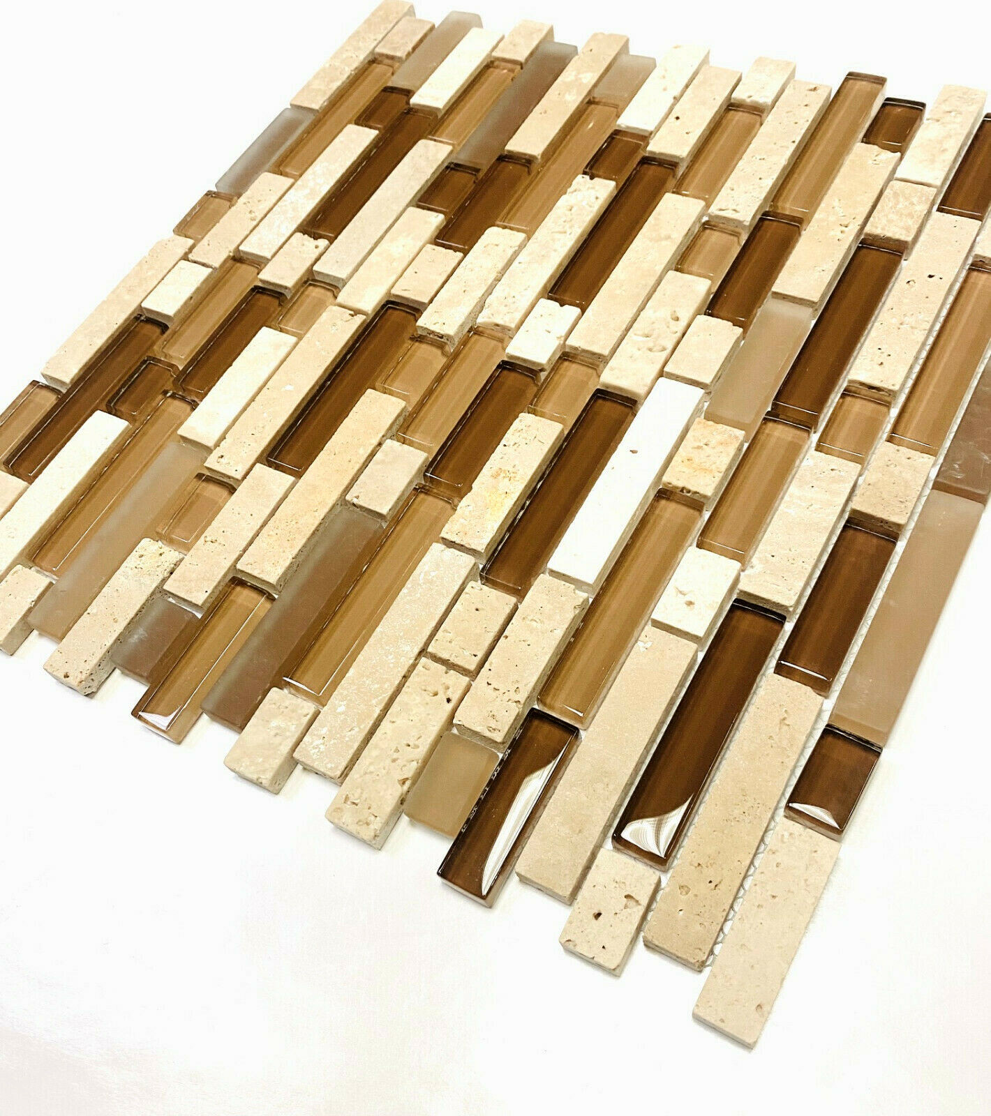 Random Linear Caramel Glass with Ivory travertine mix 11-3/4 in.x12-1/2 in. x8mm