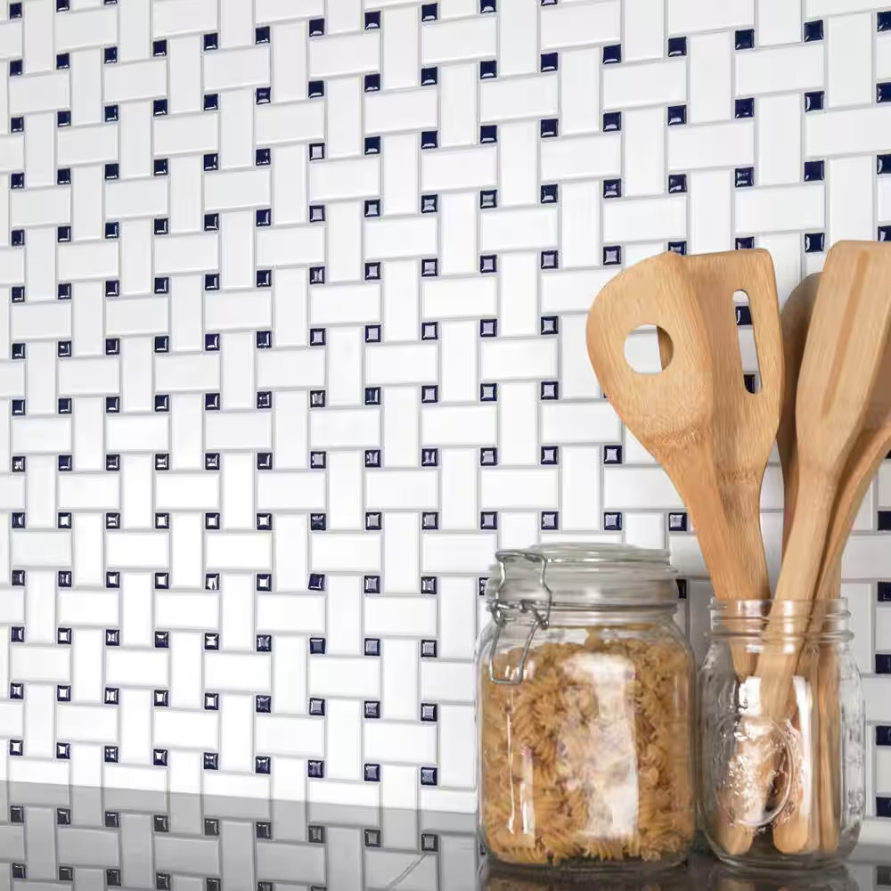 Metro Basketweave White with Glossy Cobalt Dot 11-3/4 In. X 11-3/4 In. Porcelain