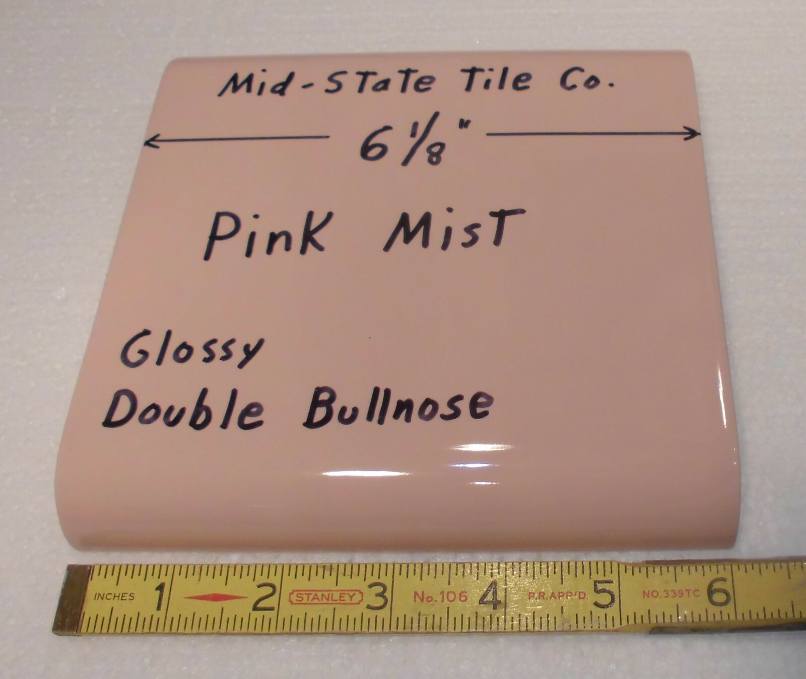 1 pc. Pink Mist 6″ x 6″ Double Radius Bullnose Glossy Ceramic Tile: Mudd Caps
