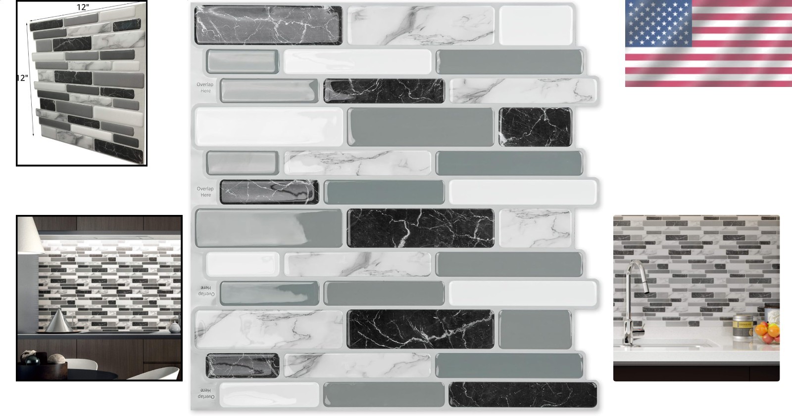 Peel Stick Backsplash Tile Kitchen Marble Grey 6 Sheets Modern Epoxy Resin Mo…
