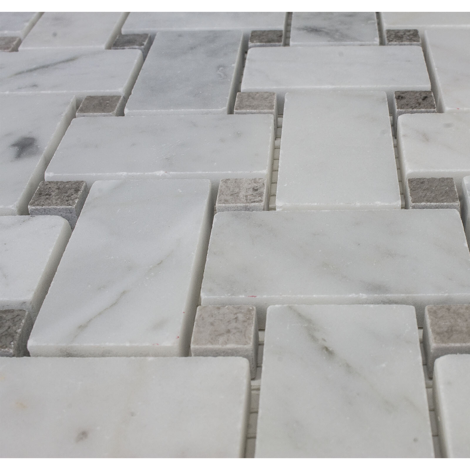 Simple Tile – Marble Mosaic Tile Basketweave Collection Carrara White + Grey Dot