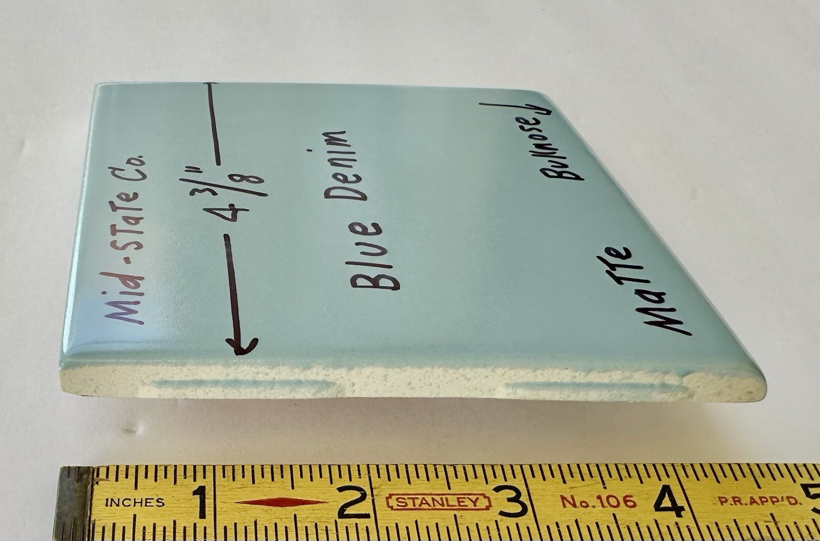 1 pc. Blue Denim: Bullnose Matte Ceramic Tile 4-3/8″ by Mid-State Co. NOS