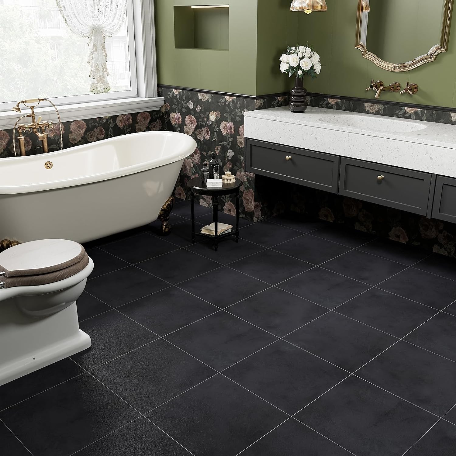 12″x12″ Black Peel and Stick Floor Tiles Black Concrete Vinyl Flooring Tiles