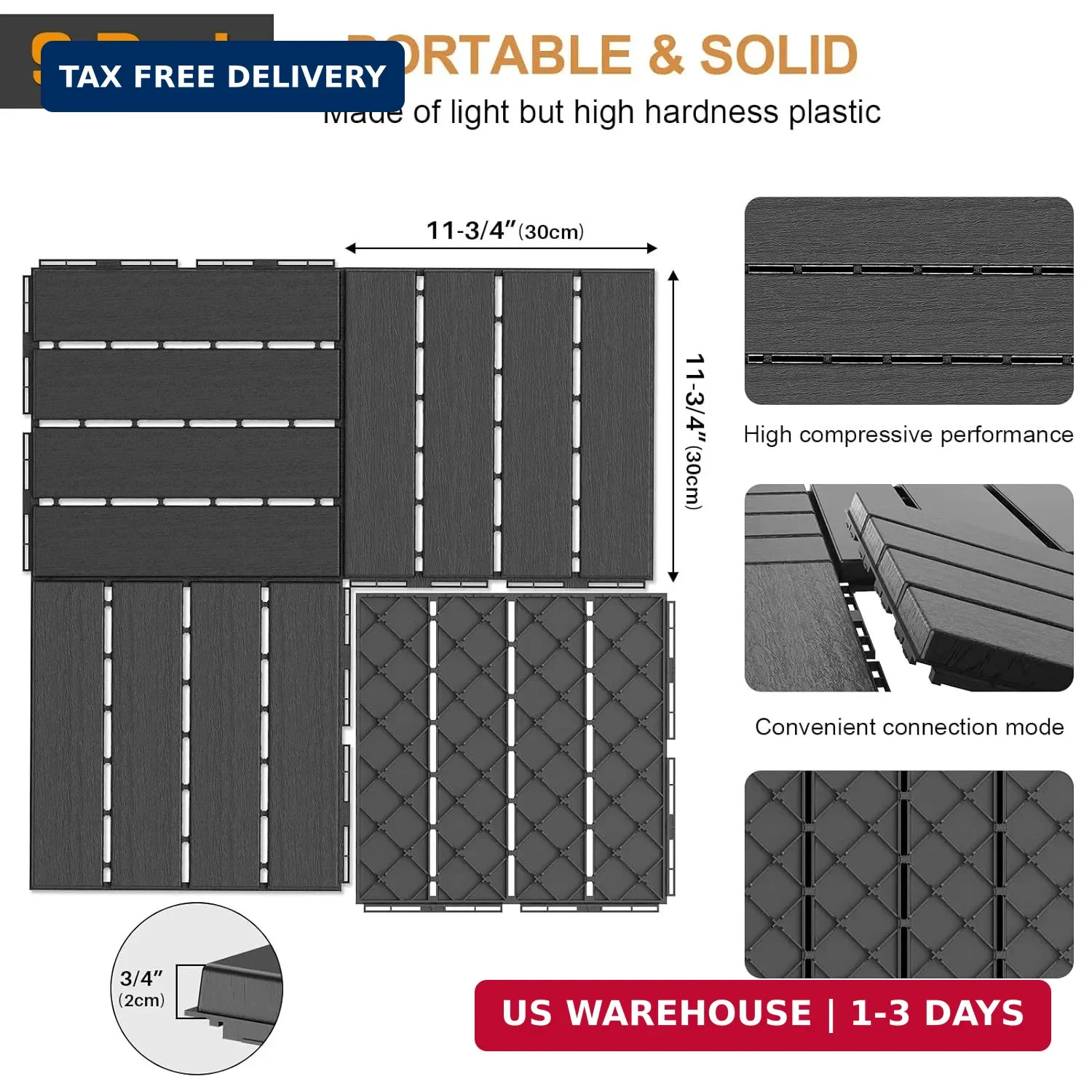 Goovilla Plastic Interlocking Deck Tiles, 9 Pack , 12″x12″ Waterproof Outdoor Fl