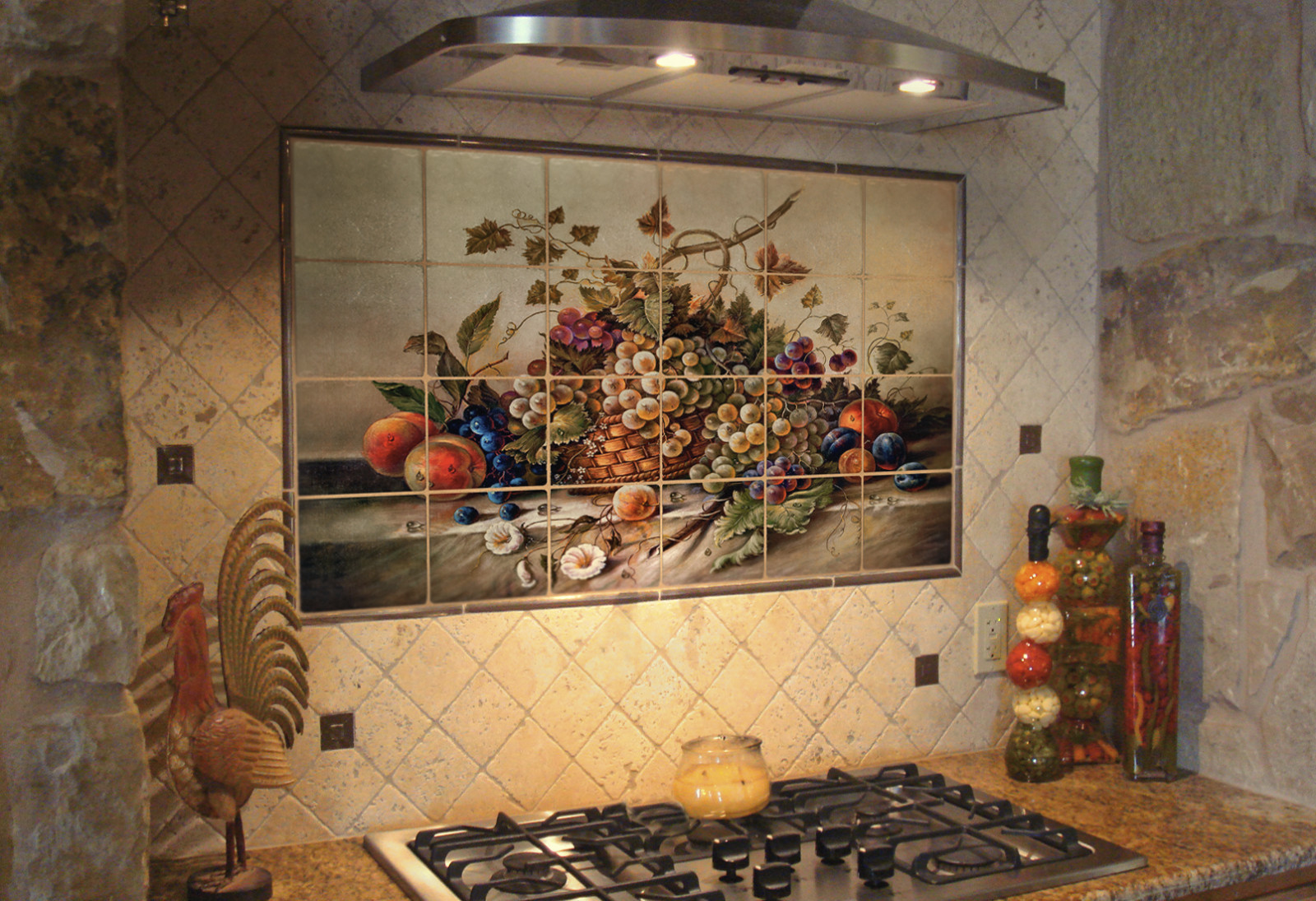 Art Mural 36×24 Pila Corado Fruit Basket Backsplash Tumbled Marble Tiles