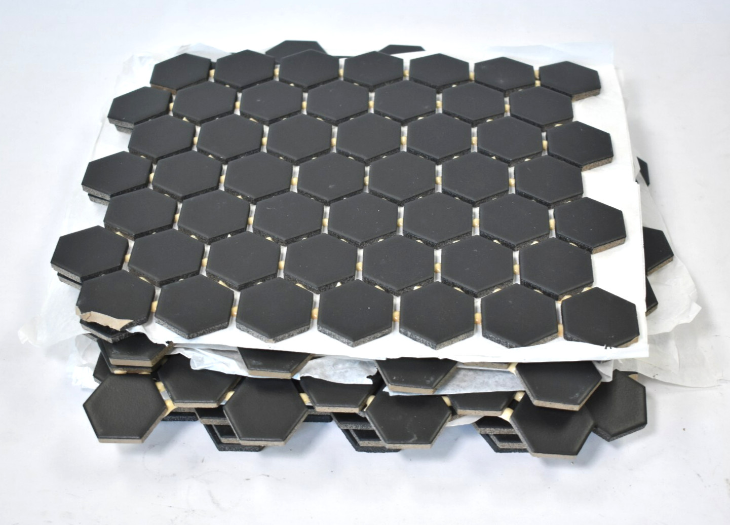 Lot of 11 Black Ceramic Hexagonal Floor Tiles 1-1/2″ Dia Units 10″ x 12-1/2″