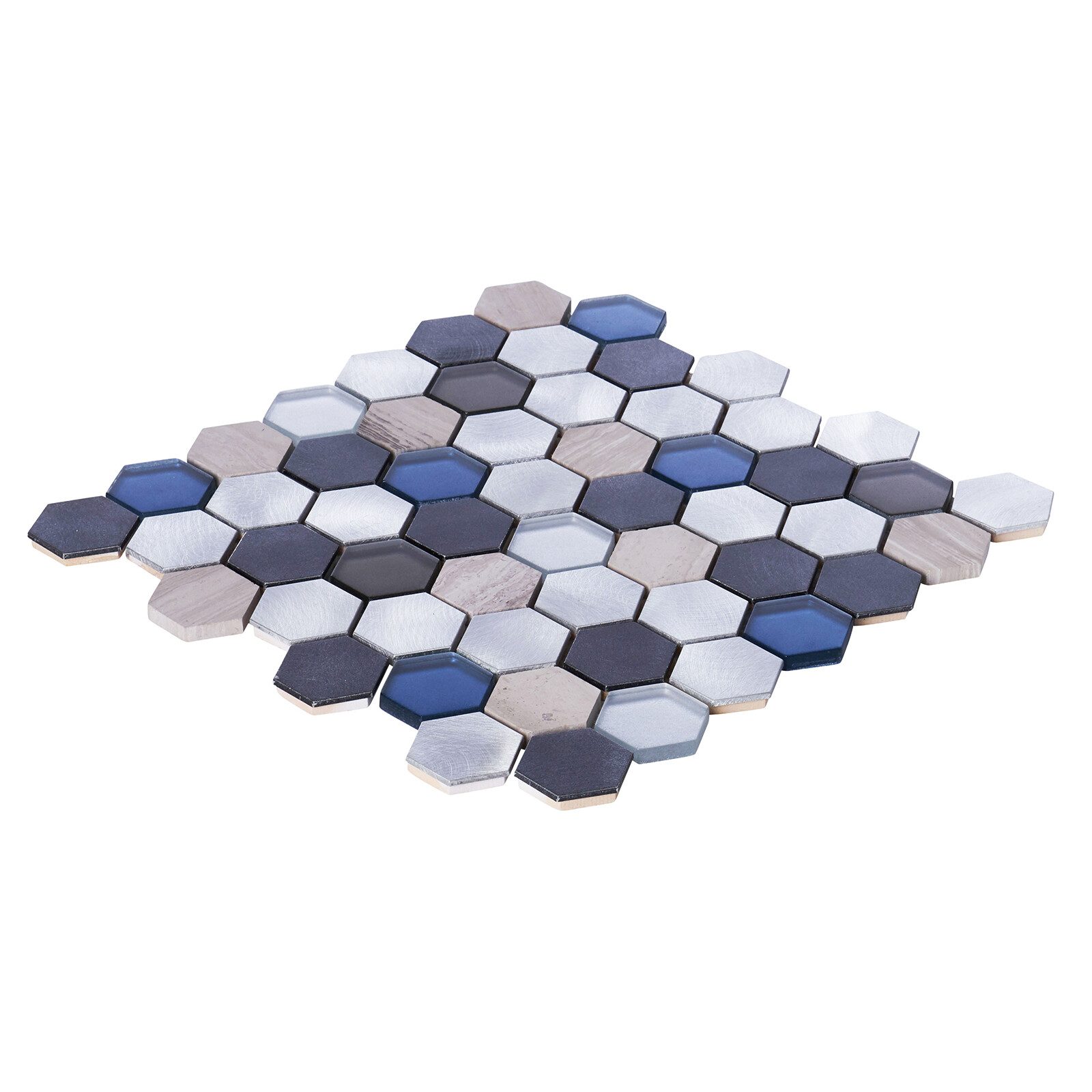 Gray Marble Blue Glass Metallic Aluminum Hexagon Mosaic Kitchen Bath Backsplash